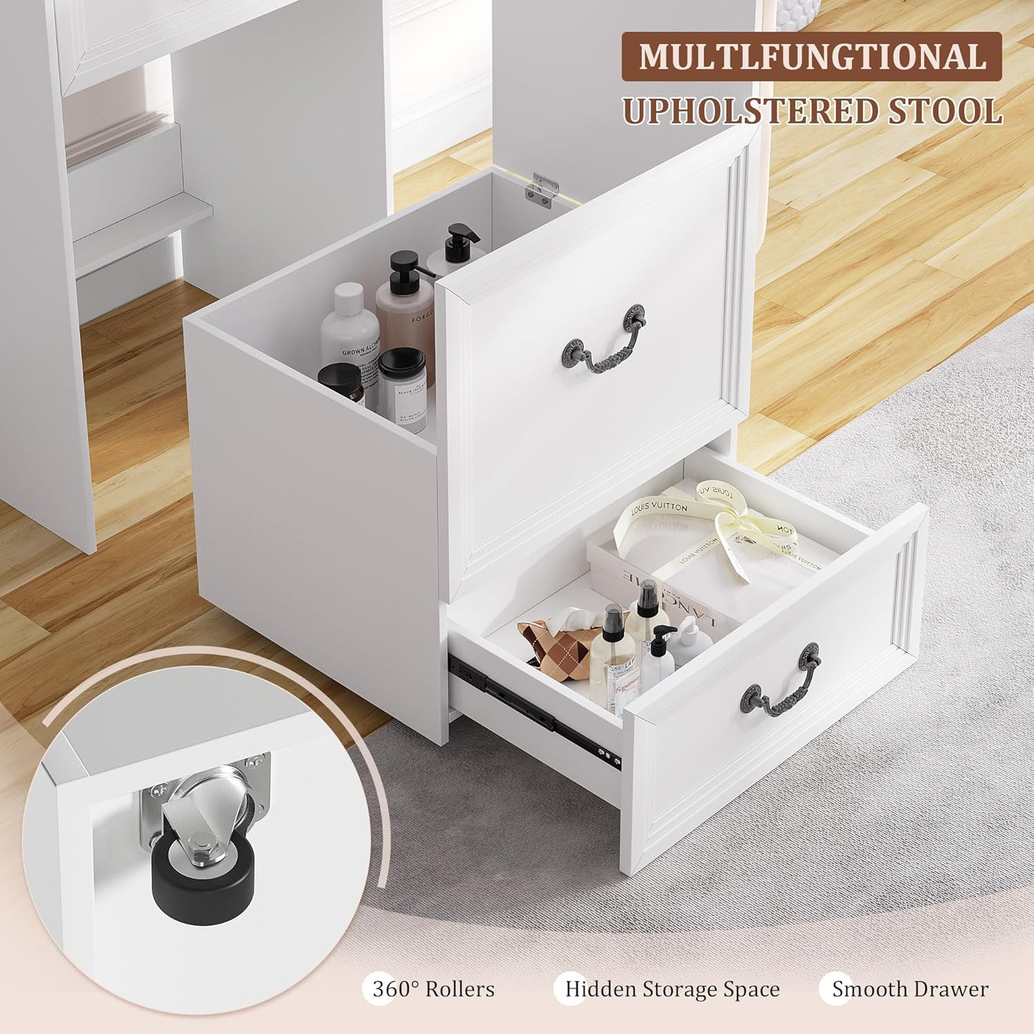 Compact Vanity with Mirror and Lights, Makeup Vanity Desk w/Storage Drawers & Shelves, Farmhouse Vanity Table with Hidden Chair for Bedroom, Dressing Table Gift for Girls Lady