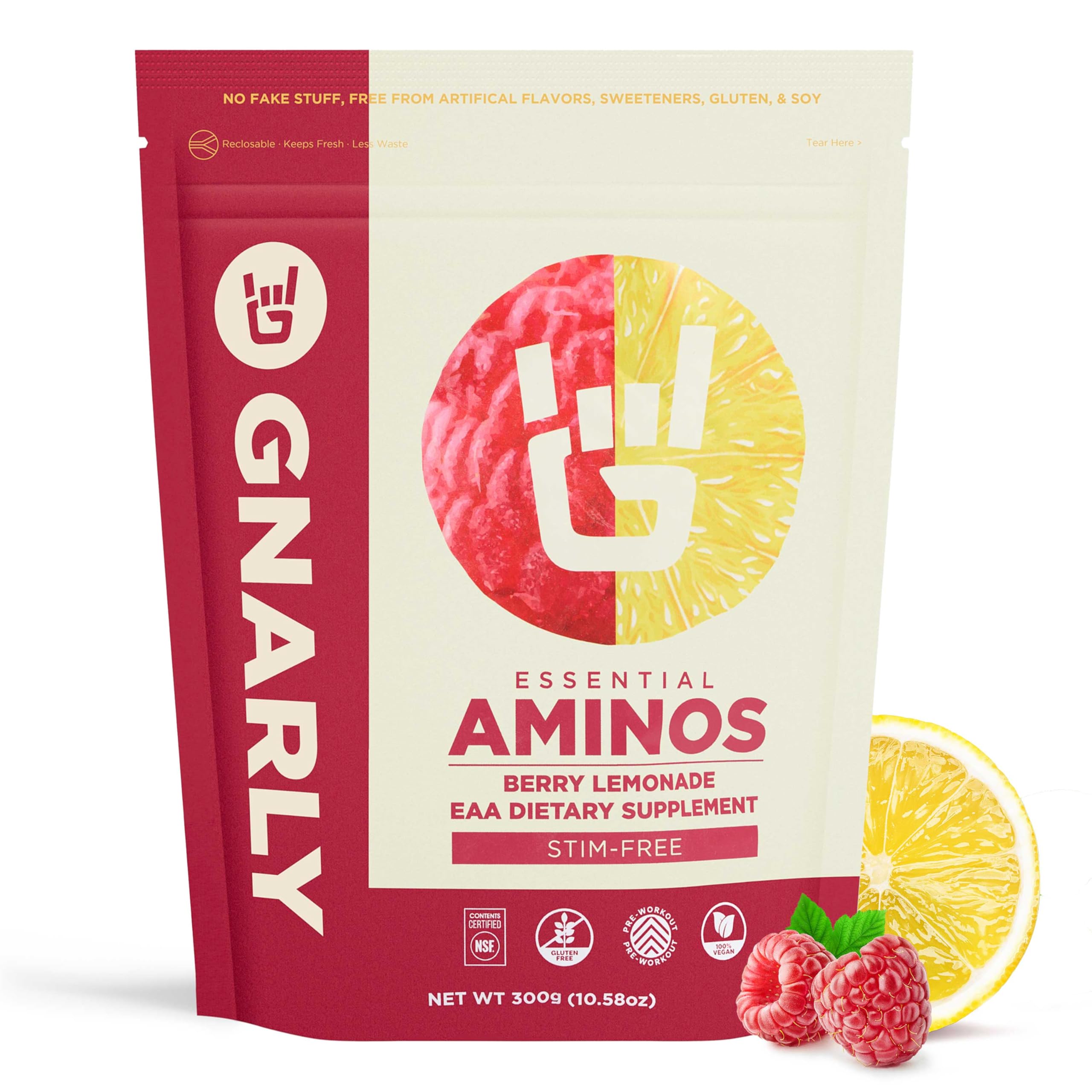 Gnarly Nutrition Essential Aminos Powder, Berry Lemonade – Pre-Workout Amino Acids – NSF Contents Certified – Supplement to Support and Rebuild Muscle – Berry Lemonade Caffeine Free, 10.58 oz Berry Lemonade (Caffeine Free)