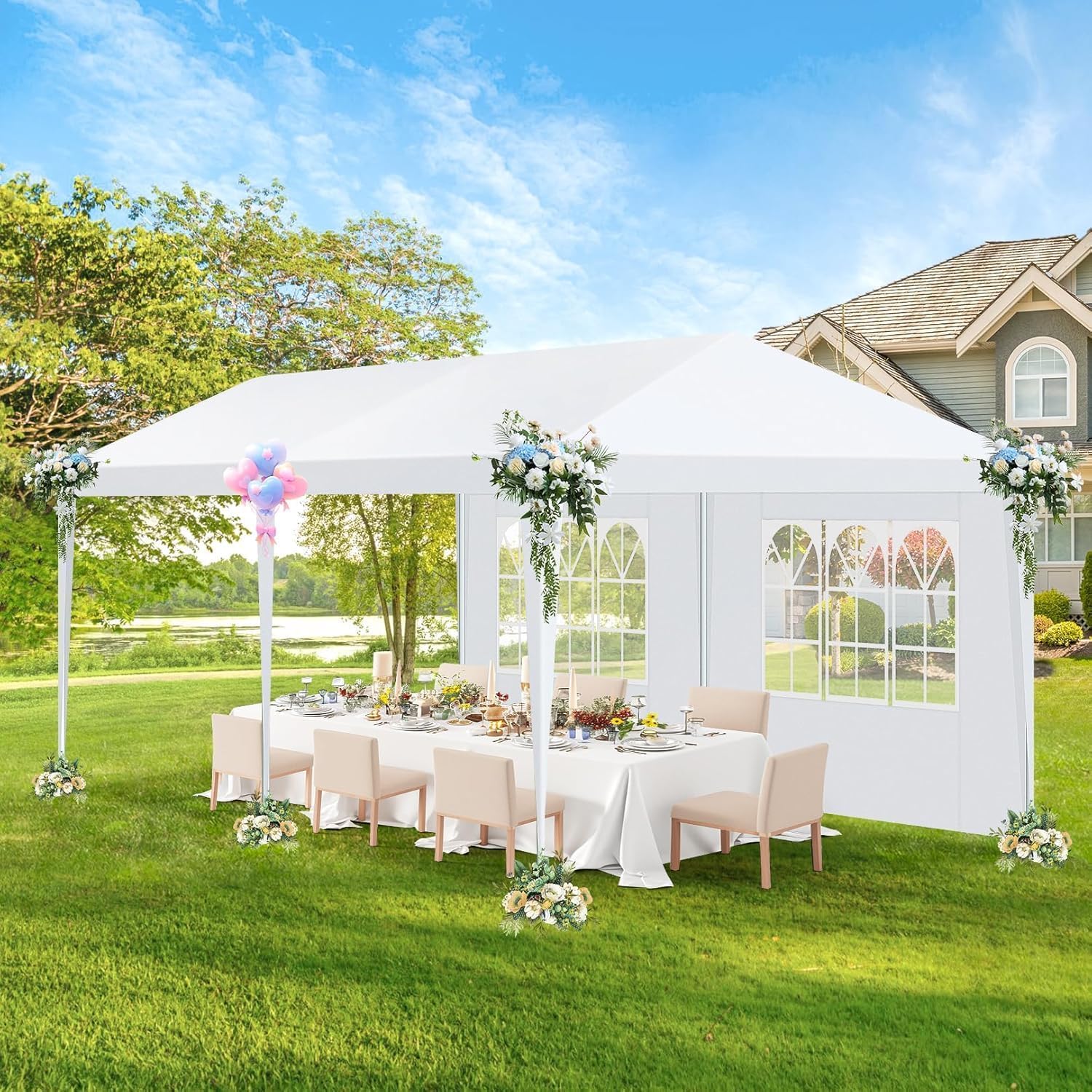HOTEEL Tente de fête, auvent d'extérieur pour 20 à 30 Personnes, avec 6 parois latérales Amovibles, 2 Portes zippées, 12 Cordes et 24 piquets pour Mariage, terrasse, arrière-Cour, Blanc, 3