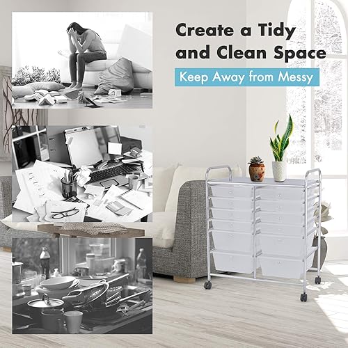 Vista 234 de LDAILY Carrito de almacenamiento con ruedas de 15 cajones, carrito rodante con cajones para aula, organizador de manualidades con ruedas con marco