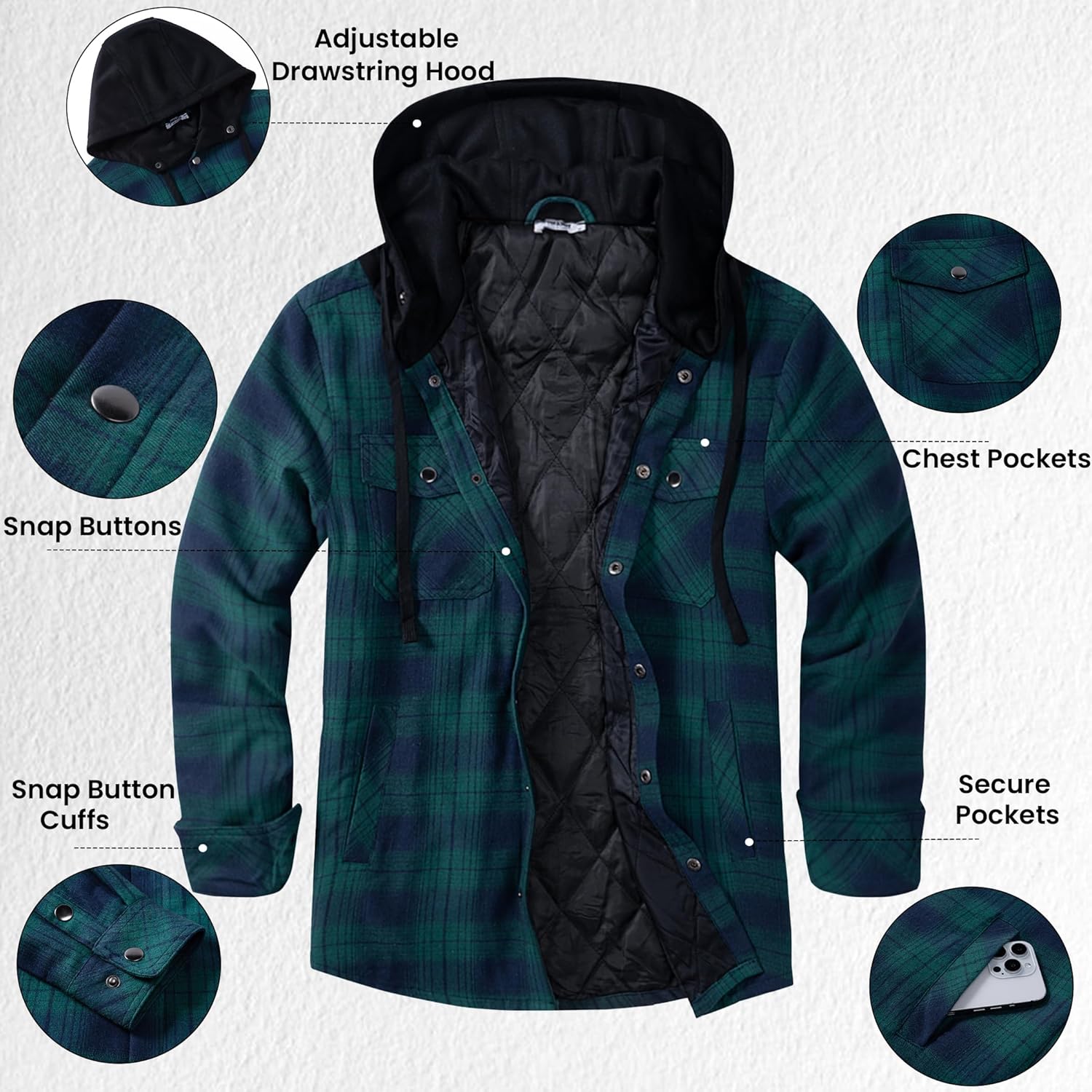 COOFANDY Flannel Jacket for Men Quilted Lined Shacket Long Sleeve Button Down Hoodie Shirt Jackets - Image 5
