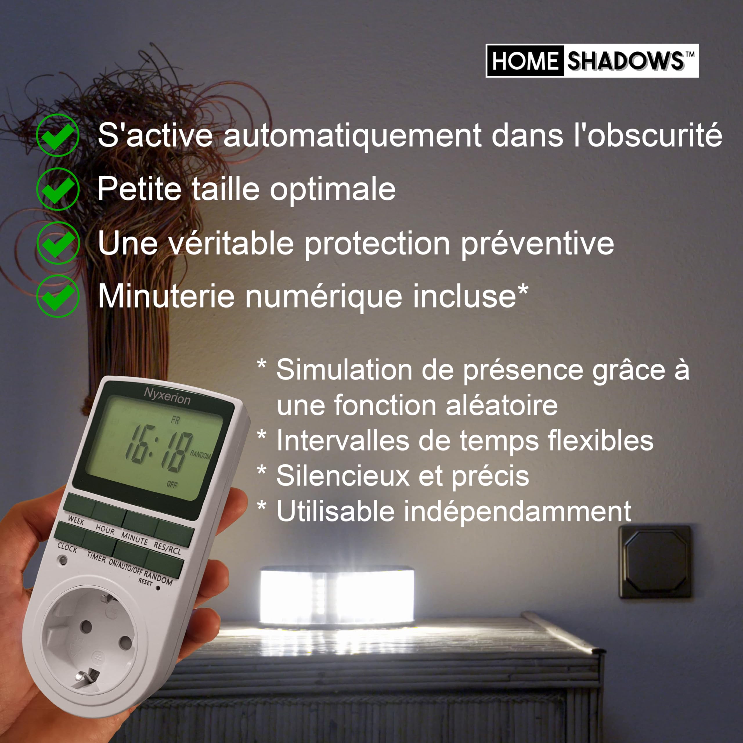 Simulateur de présence – Dissuasion et Protection Contre Les cambrioleurs grâce à la lumière et à l'ombre, Noir + minuterie numérique