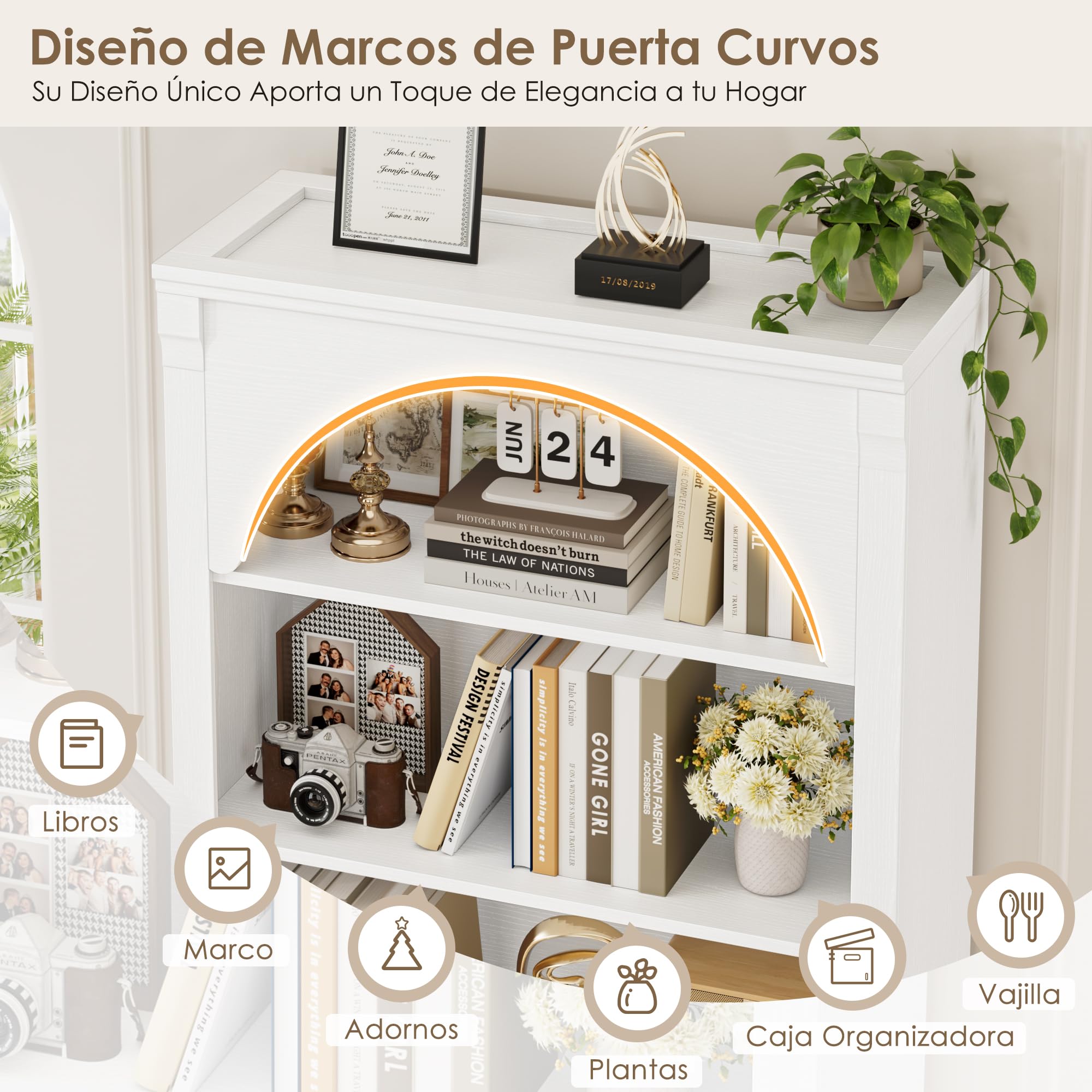 FirFurd Estanteria Libros Libreria Estanteria Arqueada, Librería, 6 Niveles | Librerías de Salón, Diseño Arqueado, Mueble de Almacenaje para Salón, Dormitorio y Estudio 75x28x186cm Blanco