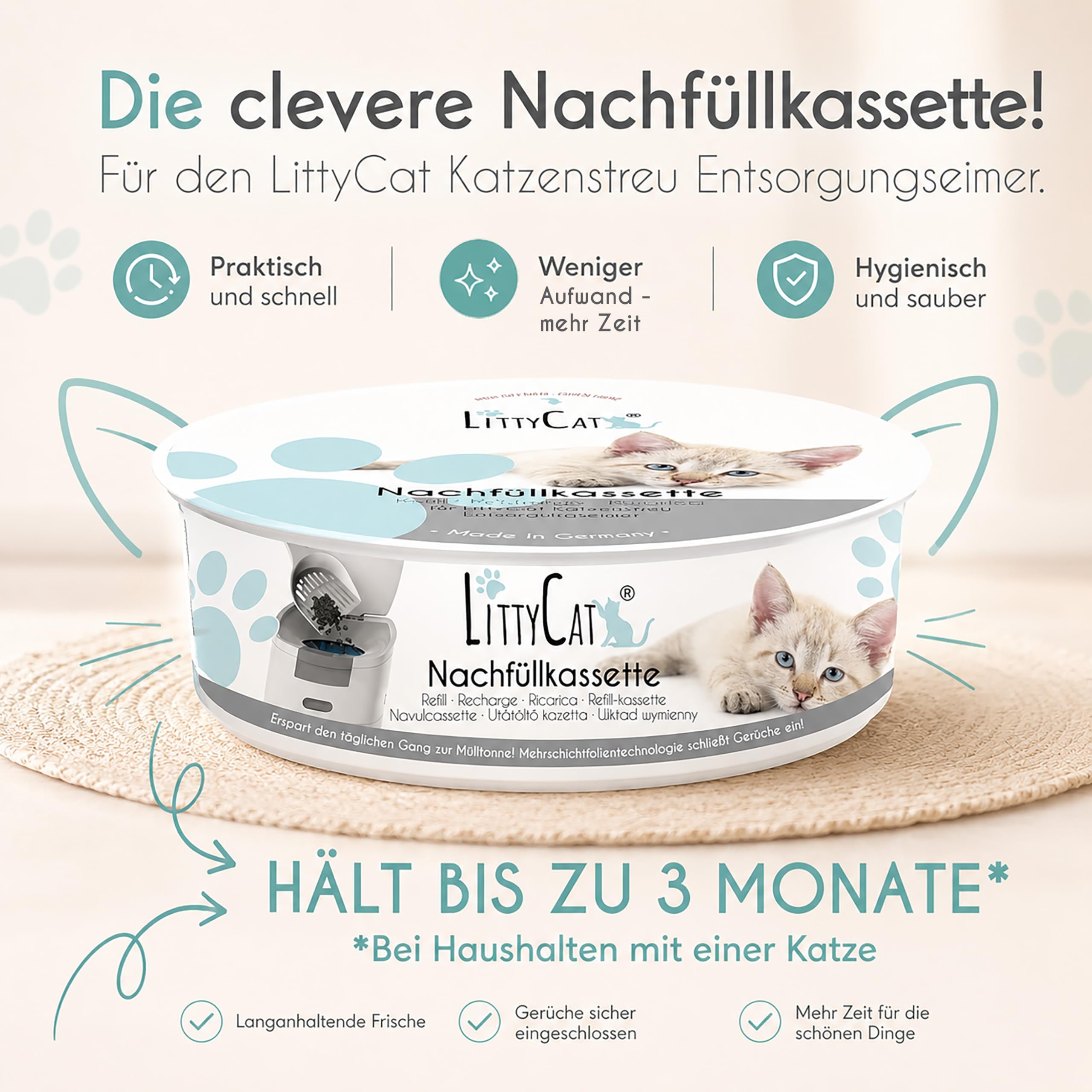LittyCat® Recharges pour Seau à litière LittyCat (Lot de 6) • Jusqu’à 3 Mois par Cassette • Élimination Propre et sans odeurs de la litière • Système de Gaine pour excréments de Chat