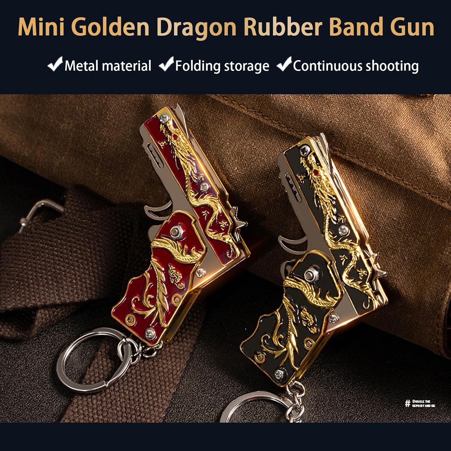 2pcs Rubber Band Gun Toy Mini Golden Dragon Metal Foldable Keychain: Creative and Fun Outdoor Party with Colored Rubber Bands