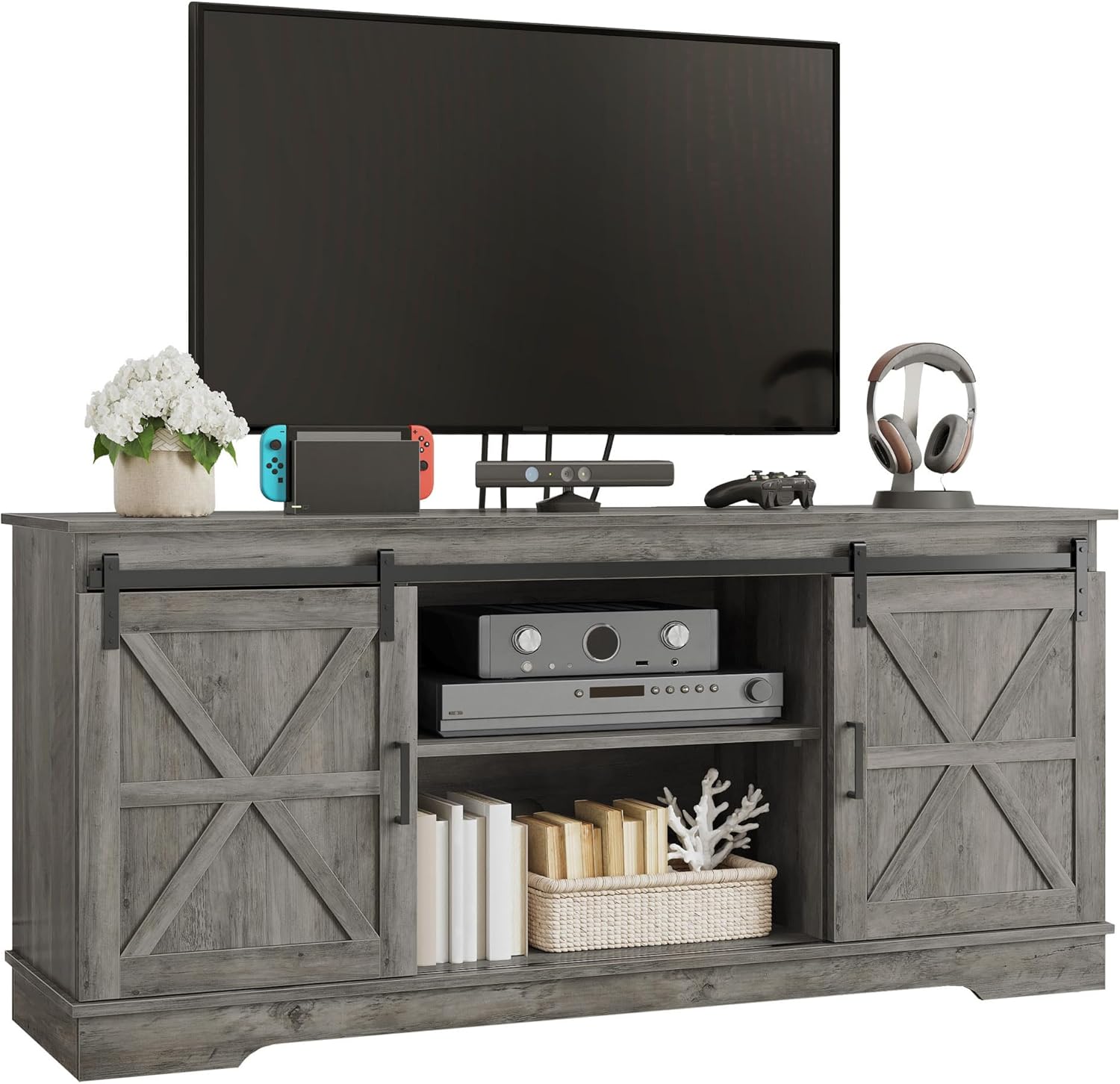 YITAHOME Farmhouse TV Stand for 65/60/55 Inch, Modern Entertainment Center with Sliding Barn Door, Wood TV Media Console Storage TV Cabinet for Living Room for 300lbs, Rustic Grey - Image 9