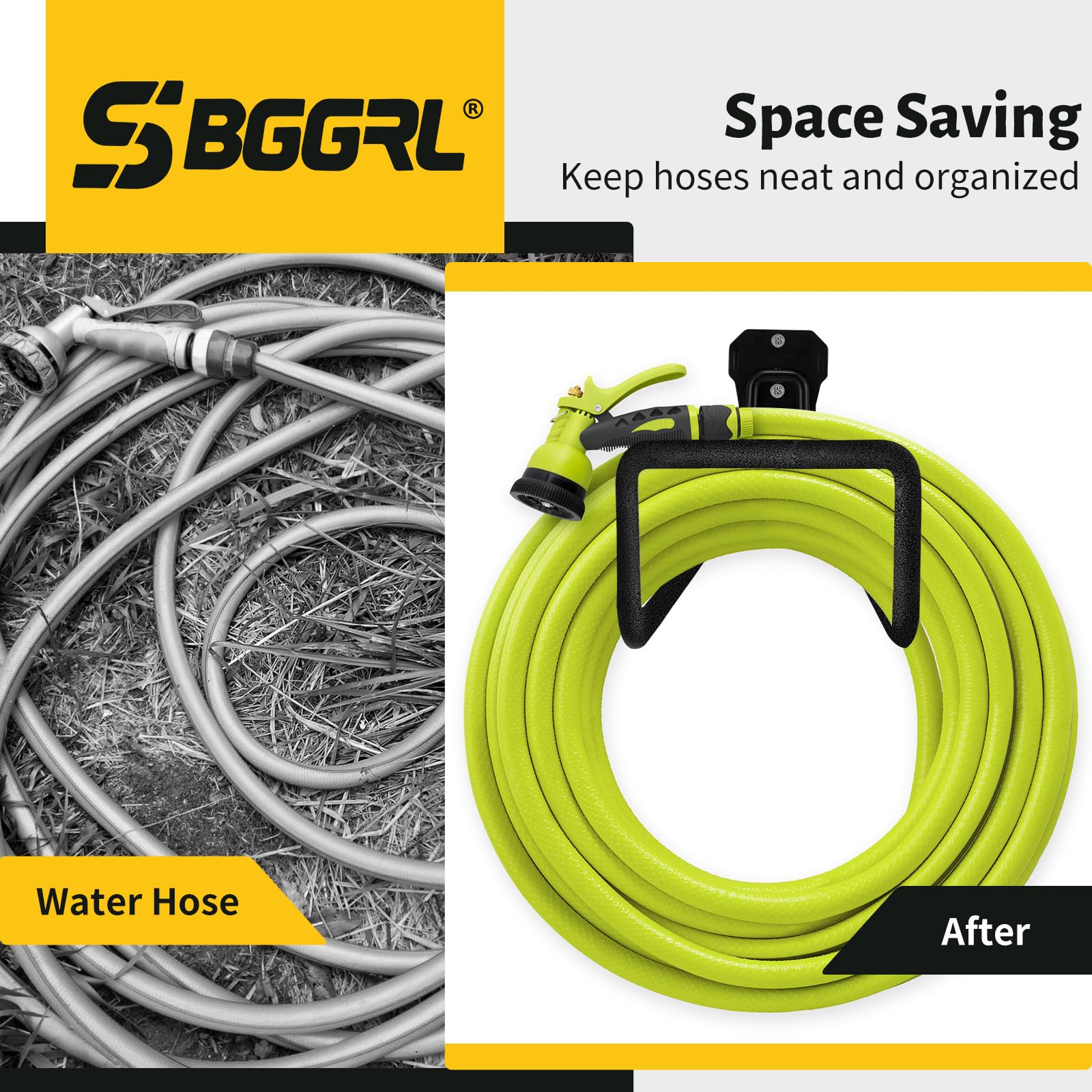 Soporte de pared para manguera de jardín, soportes de manguera de agua para exteriores, soporte de talón de hierro resistente de 100 pies con accesorios, accesorios de organización de garaje