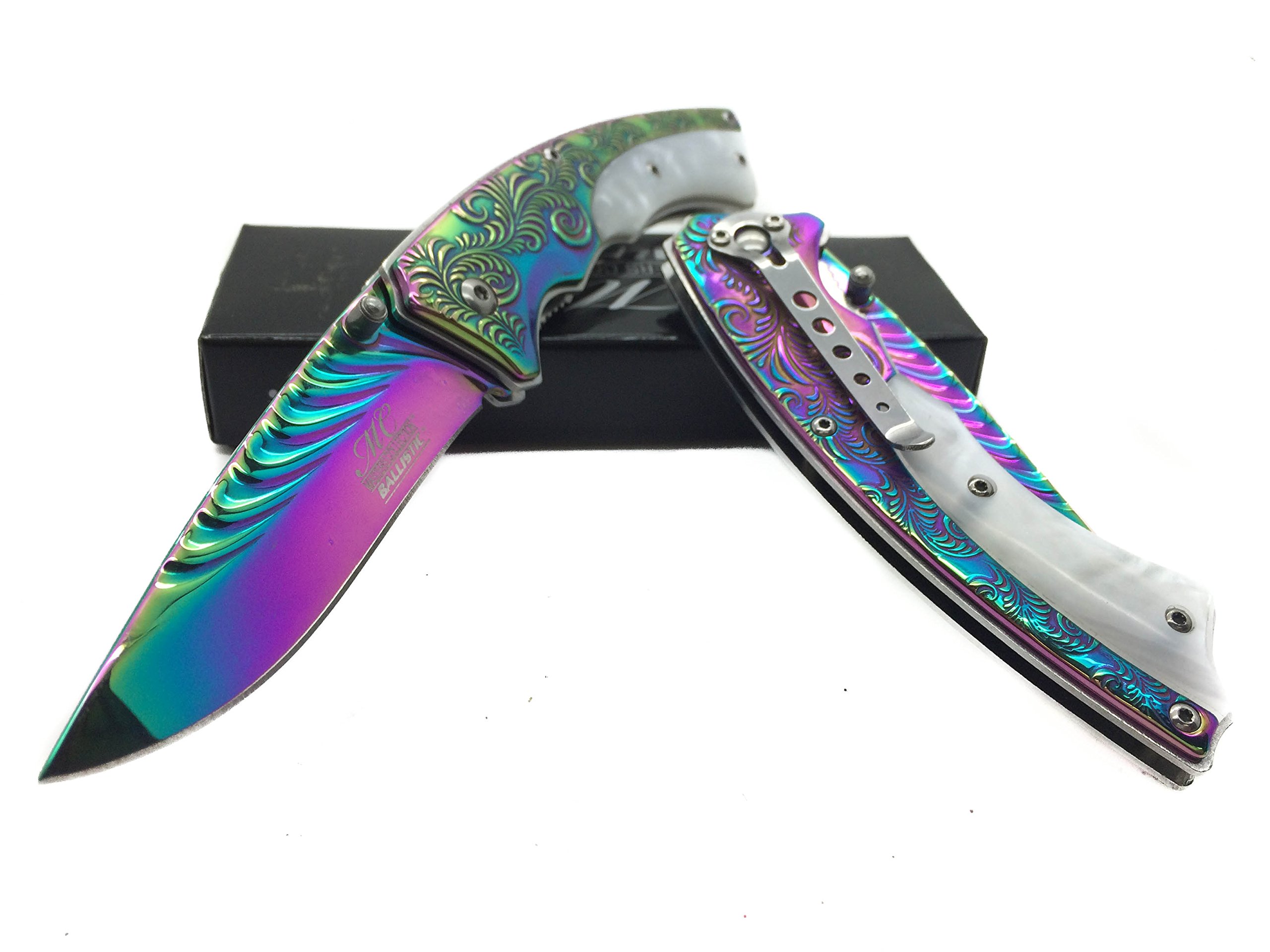 Master Collection White Resin Underlay Rainbow Coated Spring Assisted Knife