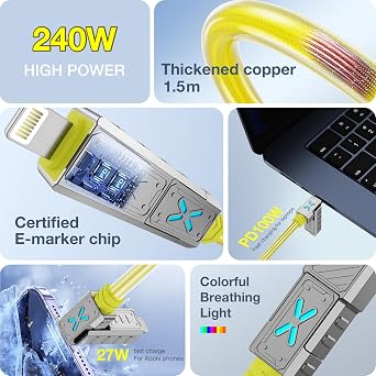 ZUSLAB 4-in-1 USB C to Lightning Cable, 240W Fast Charging Cable, USB to USB C Cord Compatible for iPhone Charger, 5ft USB A to USB C Cord Compat. with iPhone 17 16 15 Pro Max, Samsung, iPad, MacBook