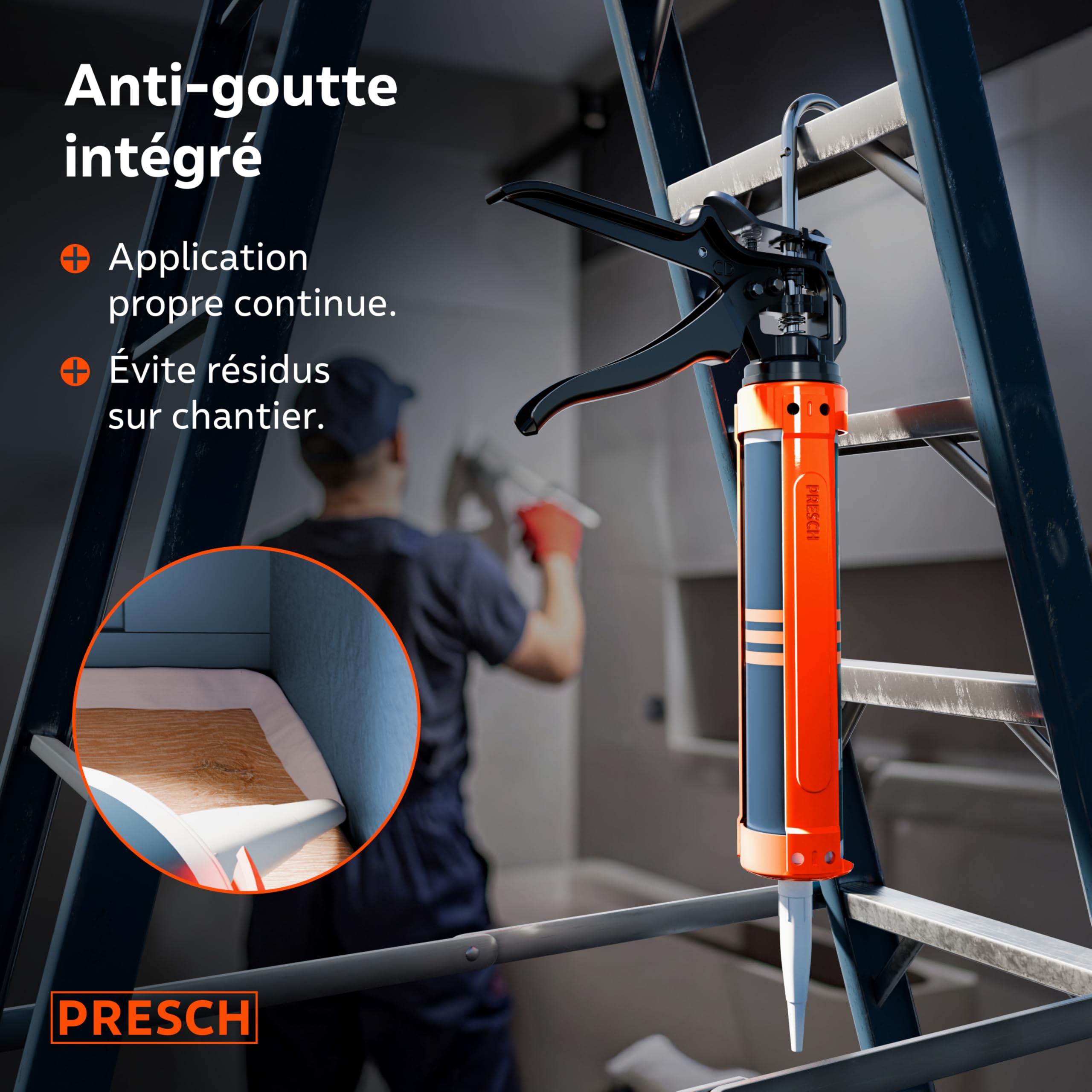 Presch Pistolet silicone 12:1 rapport de poussée anti-goutte – Pistolet à cartouche 310ml pivotement 360° aiguille de perçage