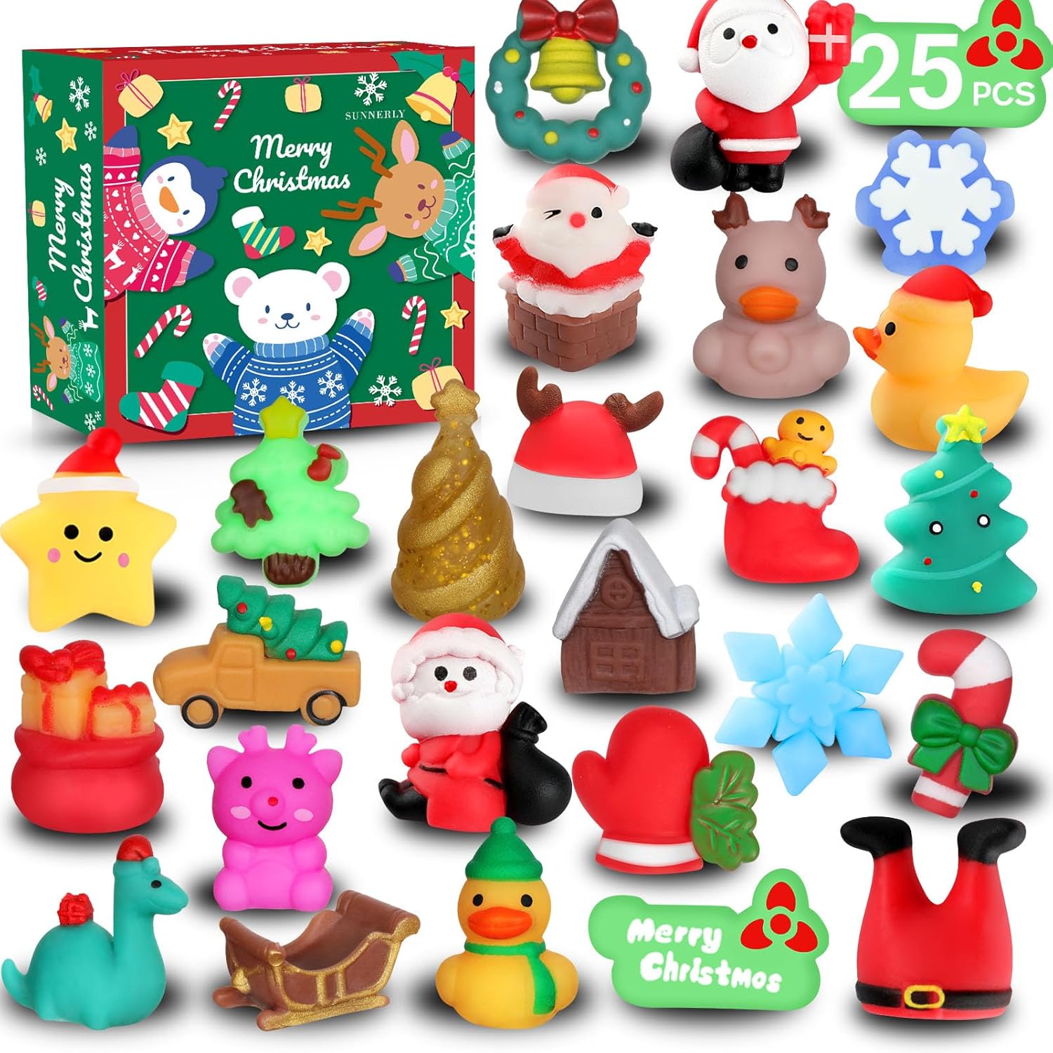 Christmas Squishy Toys, 25 PCS Squishies Toys for Kids, Mochi Fidget Stress Relief Toy Bulk for Stocking Stuffers - Christmas Party Favors Goodie Bag Fillers Classroom Prizes Gifts