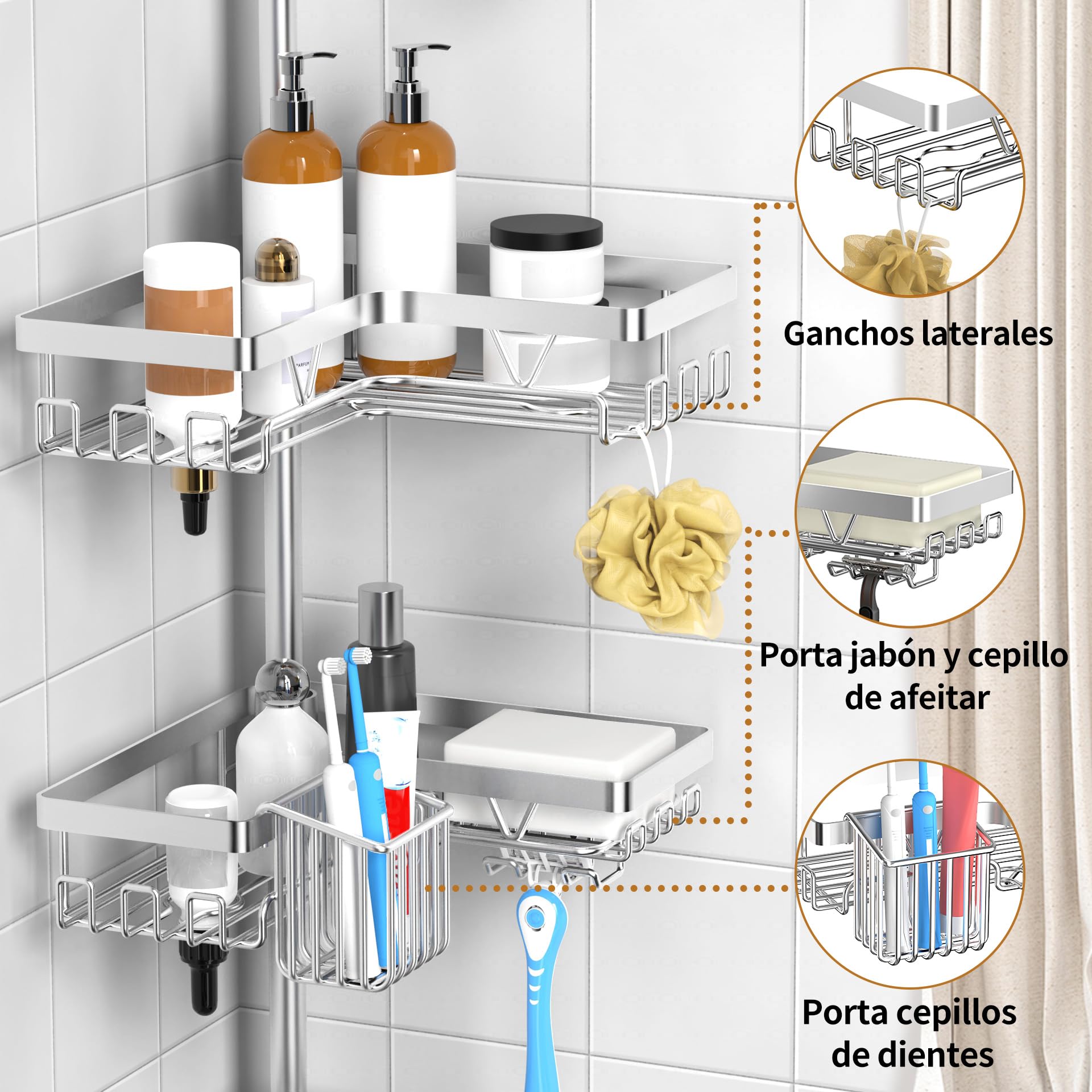 KEGII Estanteria Baño - Estanteria Telescopica Baño con 4 Estante Ducha, Soporte para Cepillos de Dientes, Ajustable 63.5-290 cm para Esquina o Bañera, Plata
