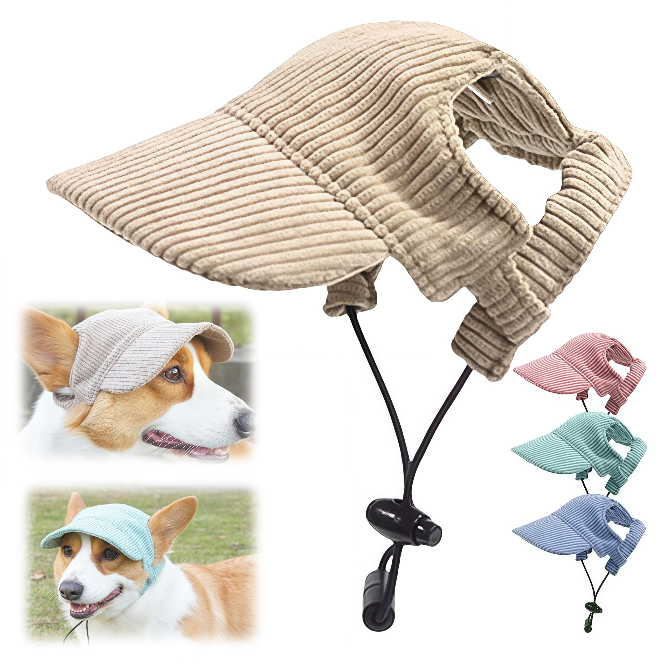 Dog Hat, 2025 Upgraded Hats for Dogs Cats Summer Beach Hat with Ear Holes, Adjustable Puppy Sun Bonnet Headdress (Khaki, Large, Dog)
