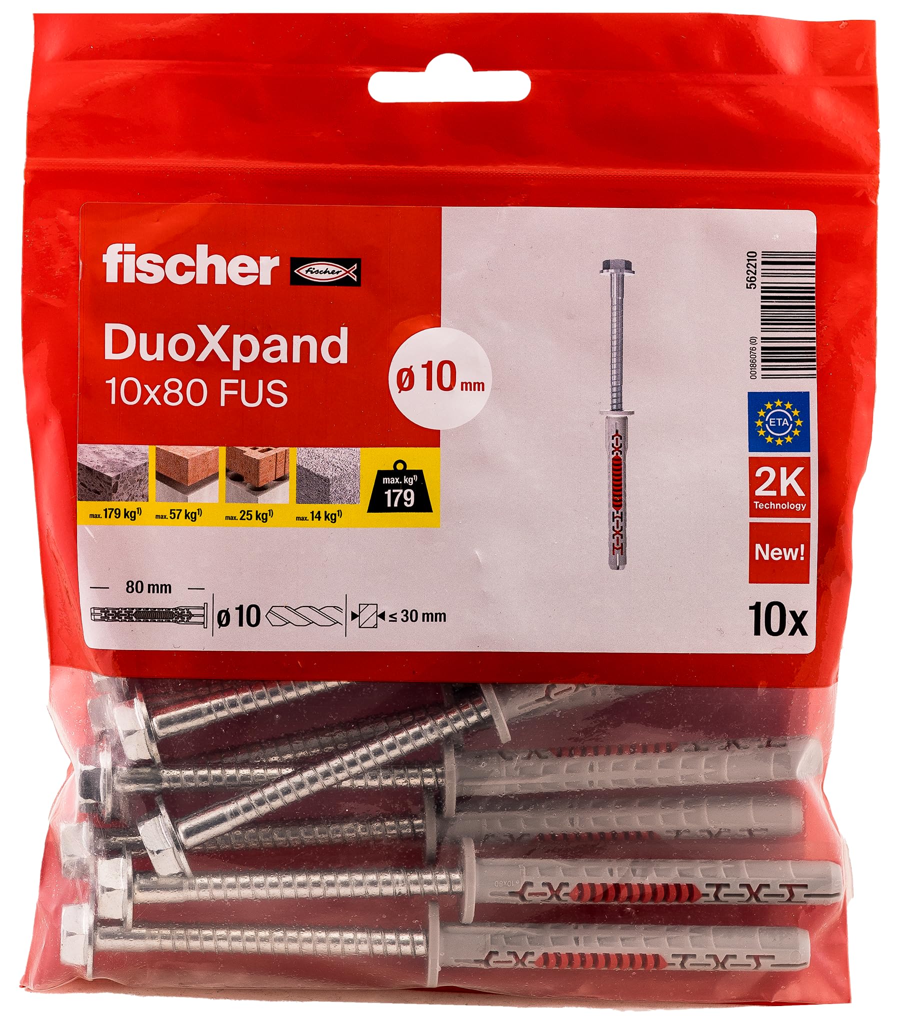 fischer DuoXpand 10 x 80 FUS, High-Quality Universal Dowel with Hex Screw & Moulded U Washer (Pack of 10), Dowels for Strong Hold, Ideal for Porous Building Materials & Close to Edge Anchors
