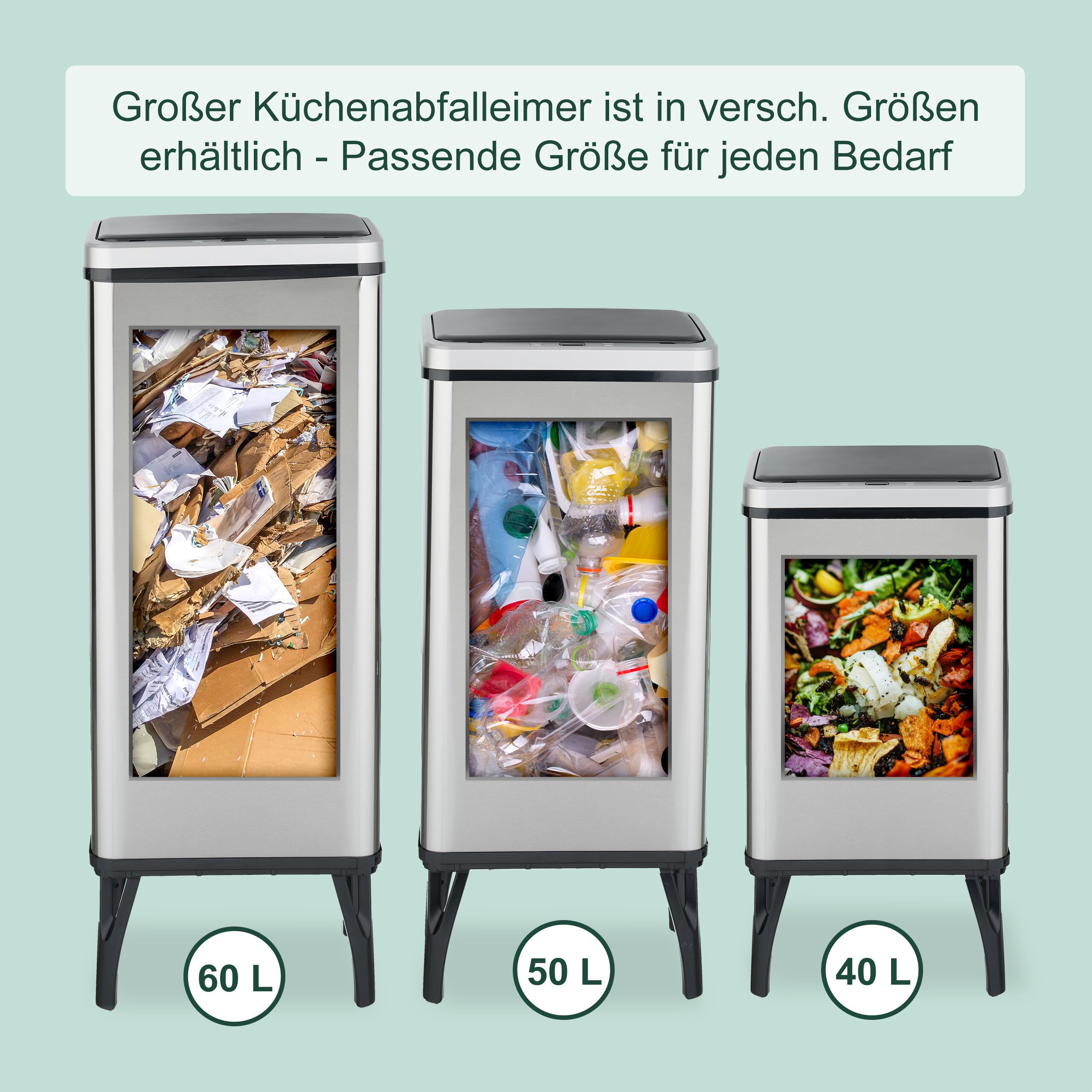 Relaxdays Mülleimer Sensor, 50 l, elektrischer Deckel, Müllbeutelhalter, Küchenmülleimer, Abfalleimer, Edelstahl, Silber