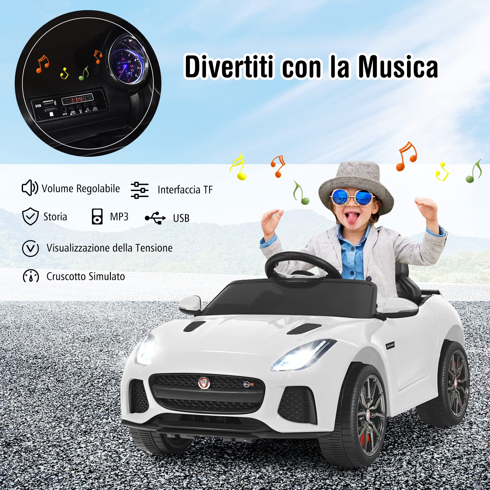 RELAX4LIFE Macchina Elettrica Jaguar F per Bambini 12V, con Telecomando 2.4G e Musica, USB, Luci LED e Clacson, 2 Portiere Apribili, 3 Anni+,107,5 x 66 x 50 cm(BIANCO)