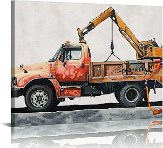 GLIDAX Tow Truck Print Tow Truck Paintings Canvas Wall Art Watercolor Transportation Vehicles Poster Canvas Boys Nursery Artwork Ready to Hang Home Playroom Decor (Framed) 20x16in