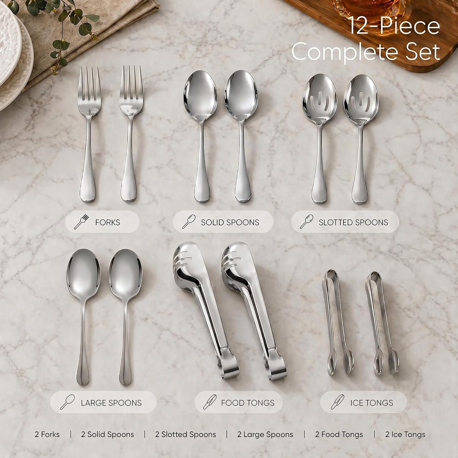 12-Piece Stainless Steel Serving Utensils Set, Heavy Duty Buffet Servers for Entertaining, Includes Large Spoons, Slotted Spoons, Forks, Tongs & Ice Tongs, Mirror Polished Flatware for Catering Party