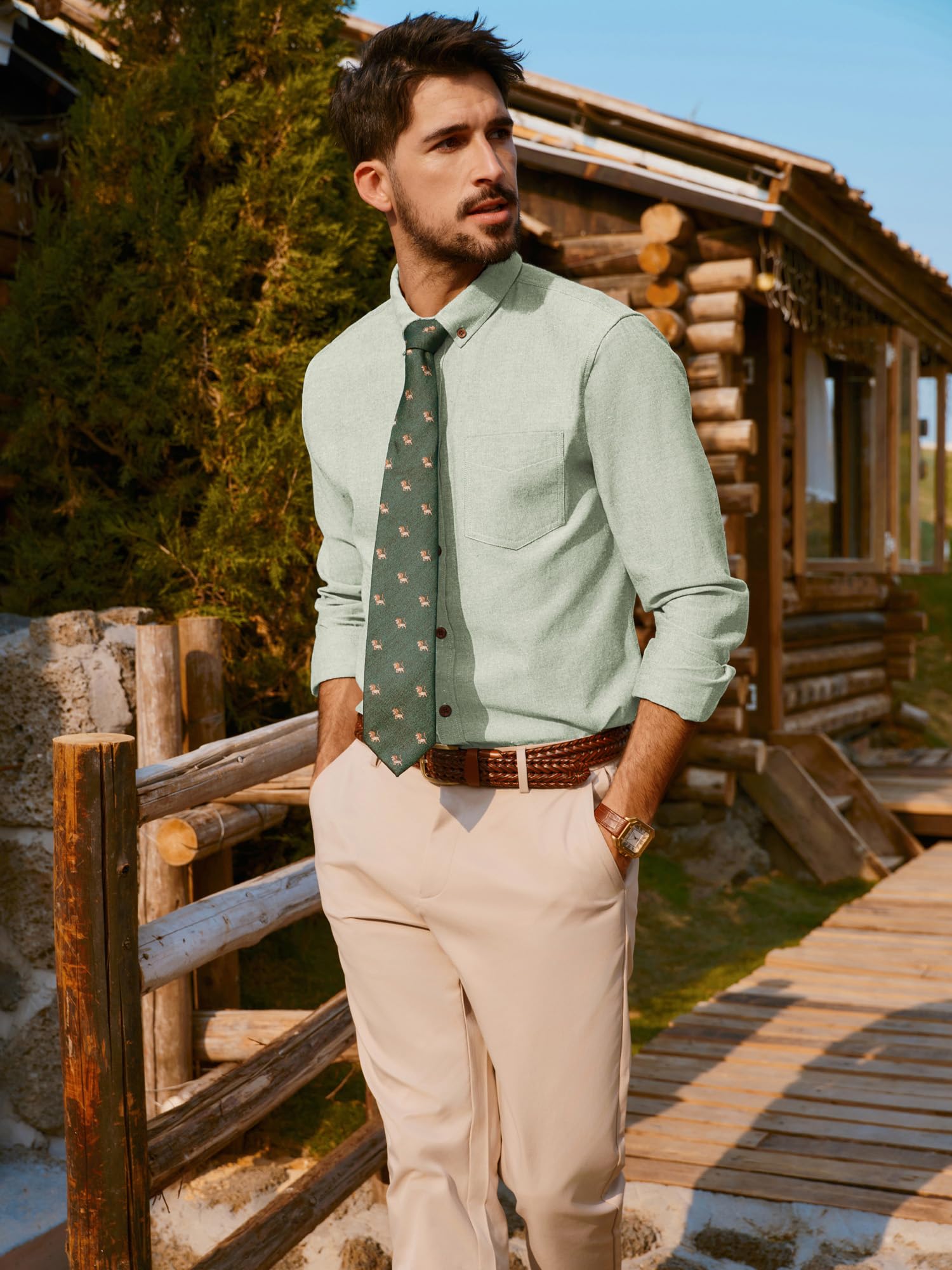 PJ PAUL JONES Camisa de manga larga para hombre, de algodón y lino, cuello abotonado, estilo casual, verde claro, L