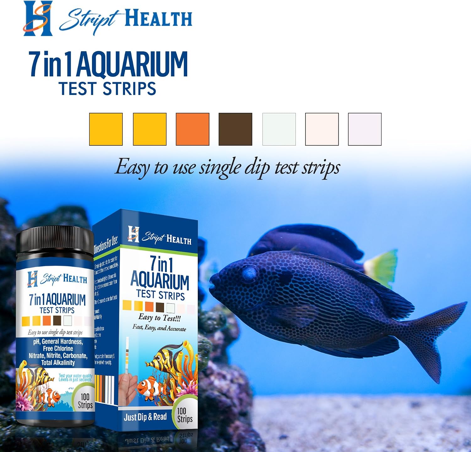 Stript Health 7-Way Aquarium Test Strips 100 Count - Easily Test Your Salt/Fresh Water Tank - Spend More Time Enjoying Your Fish - One Simple Strip Test - Rapid Results - Best Value Kit
