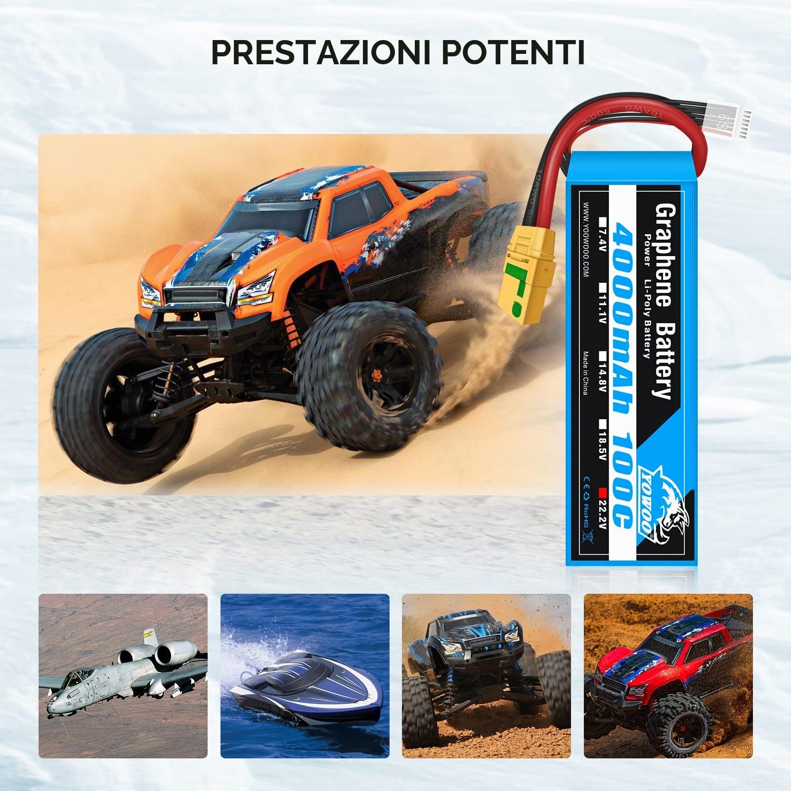 Yowoo 6S lipo 22,2V 4000mAh 100C grafene Batteria RC batteria, con connectore Anti-Scintilla Amass XT90S per RC FPV Racing UAV Drone Evader BX RC Veicolo Auto LKW Truggy Nave Modells Hobby