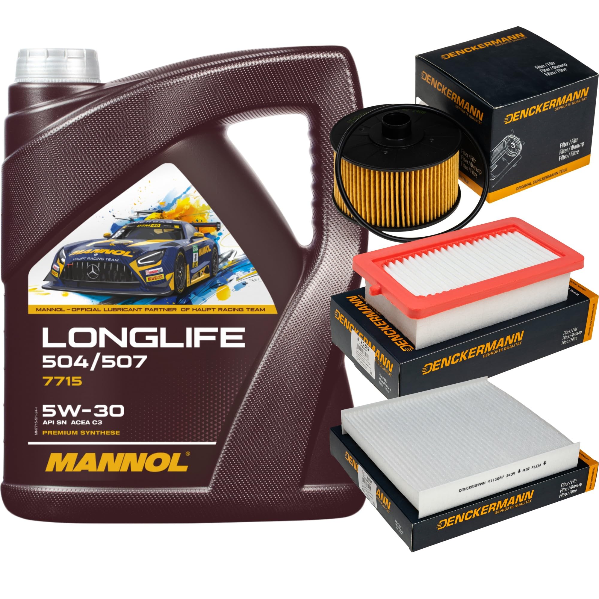 Inspektionspaket enthält 5 Liter Motoröl Longlife 504 507 5W-30 Ölfilter Luftfilter Innenraumfilter kompatibel mit Juke F16 DiG-T 117 Micra V K14 0.9 IG-T 1.0