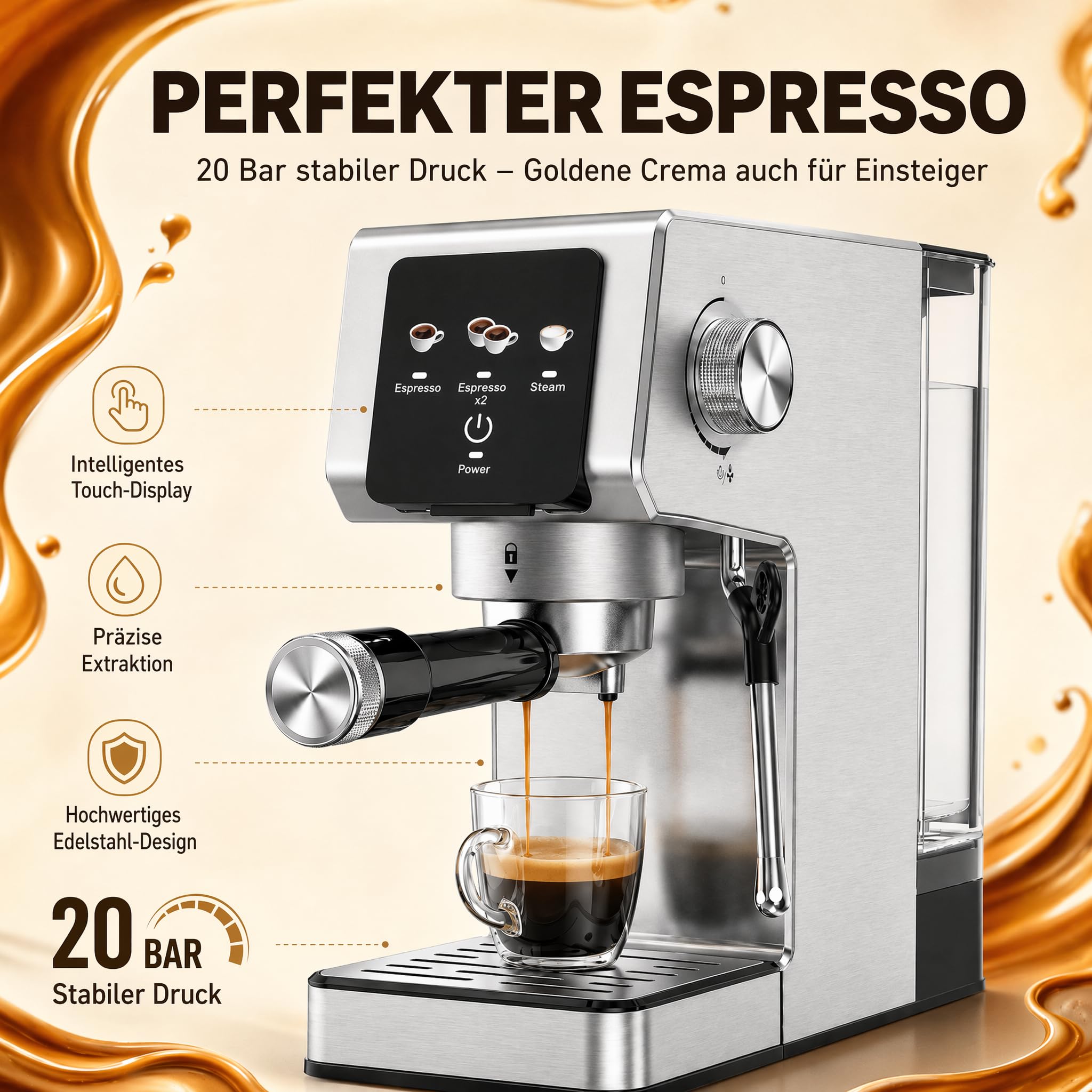 Espressomaschine 20 Bar Siebträgermaschine mit Touchscreen, 1350W Kaffeemaschine mit Milchaufschäumer, 1,2L Wassertank, Einzel- & Doppelshot