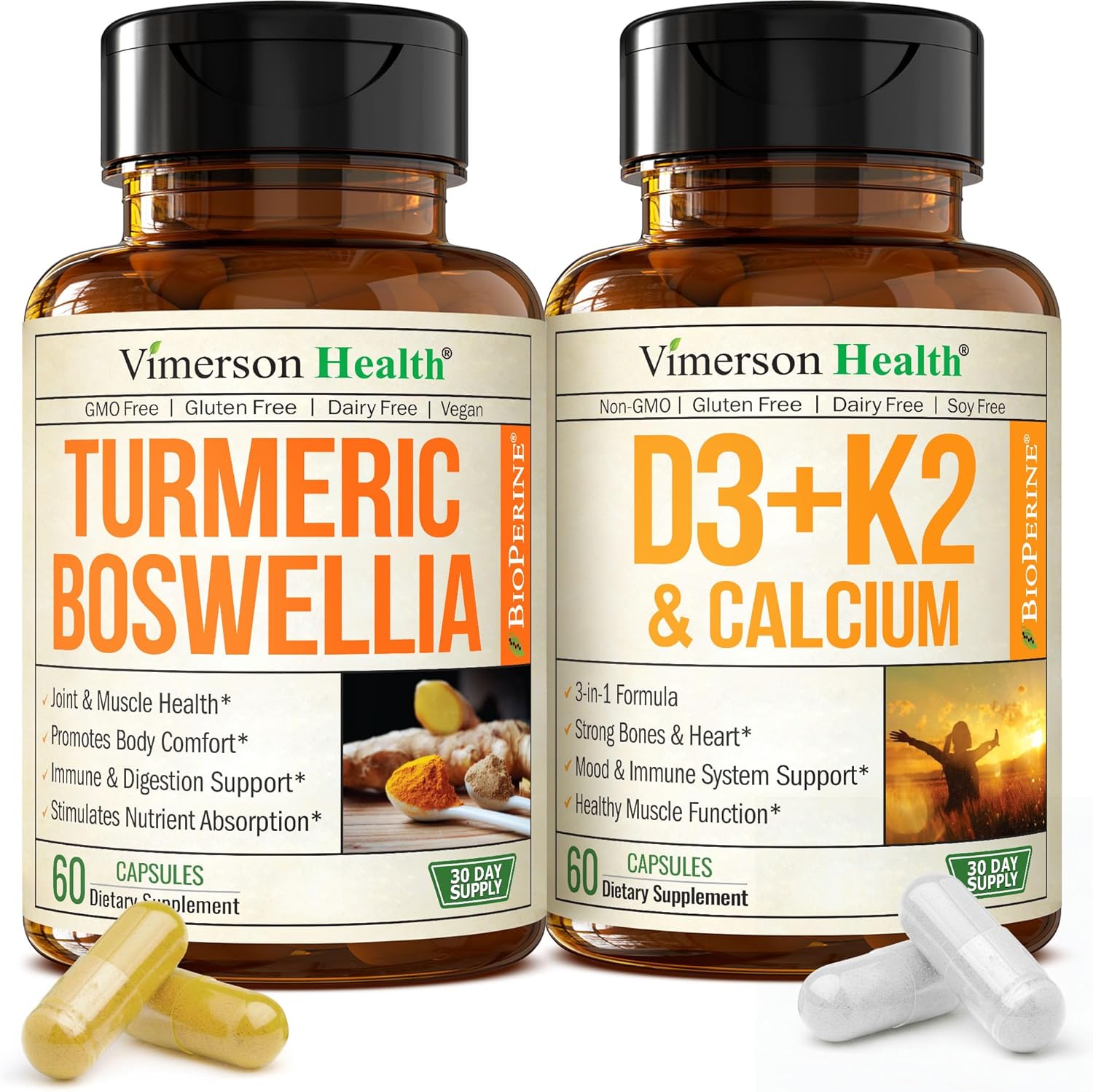 Boswellia Turmeric Curcumin Supplement + Vitamin D3 K2 5000 IU Bundle – Supports Joint Health & Immune, Bone, Heart Health – with Ginger Root, Organic Turmeric Powder, Vitamin D, K2, Calcium