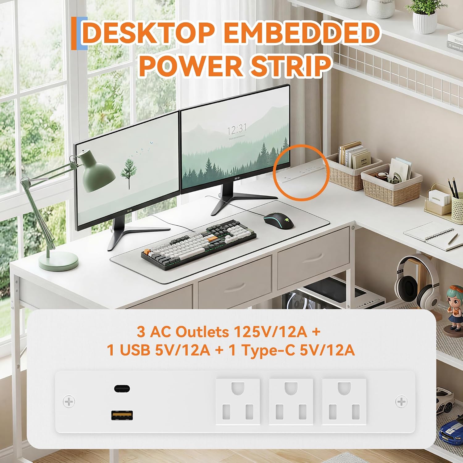 L Shaped Desk with 3 Drawers and Storage Shelves, Reversible Computer Desk with Bookshelf for Home Office, Corner Computer Desk with LED Lights, Power Outlets and Storage Bad,with 3-Tier Storage Shelf