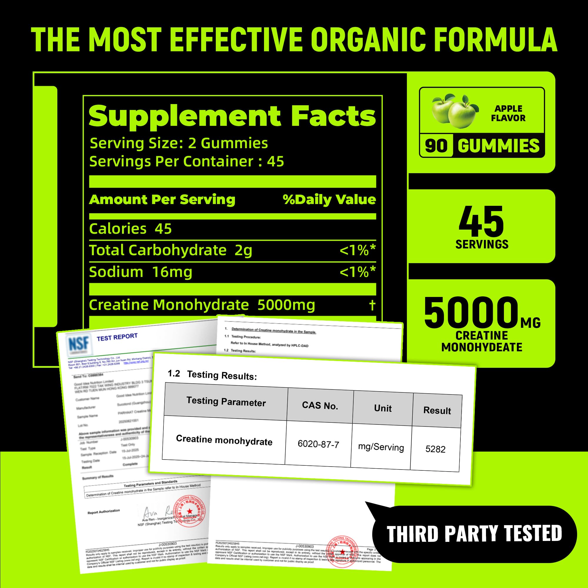 NSF Certified Creatine Gummy - Creatine Monohydrate Gummies 5g for Men & Women - Boost Focus,Strength, and Endurance, Vegan, Gluten-Free, Non-GMO, 2.5 Gram Creatine per Gummy (Apple 90 ct) — Amazon image 2