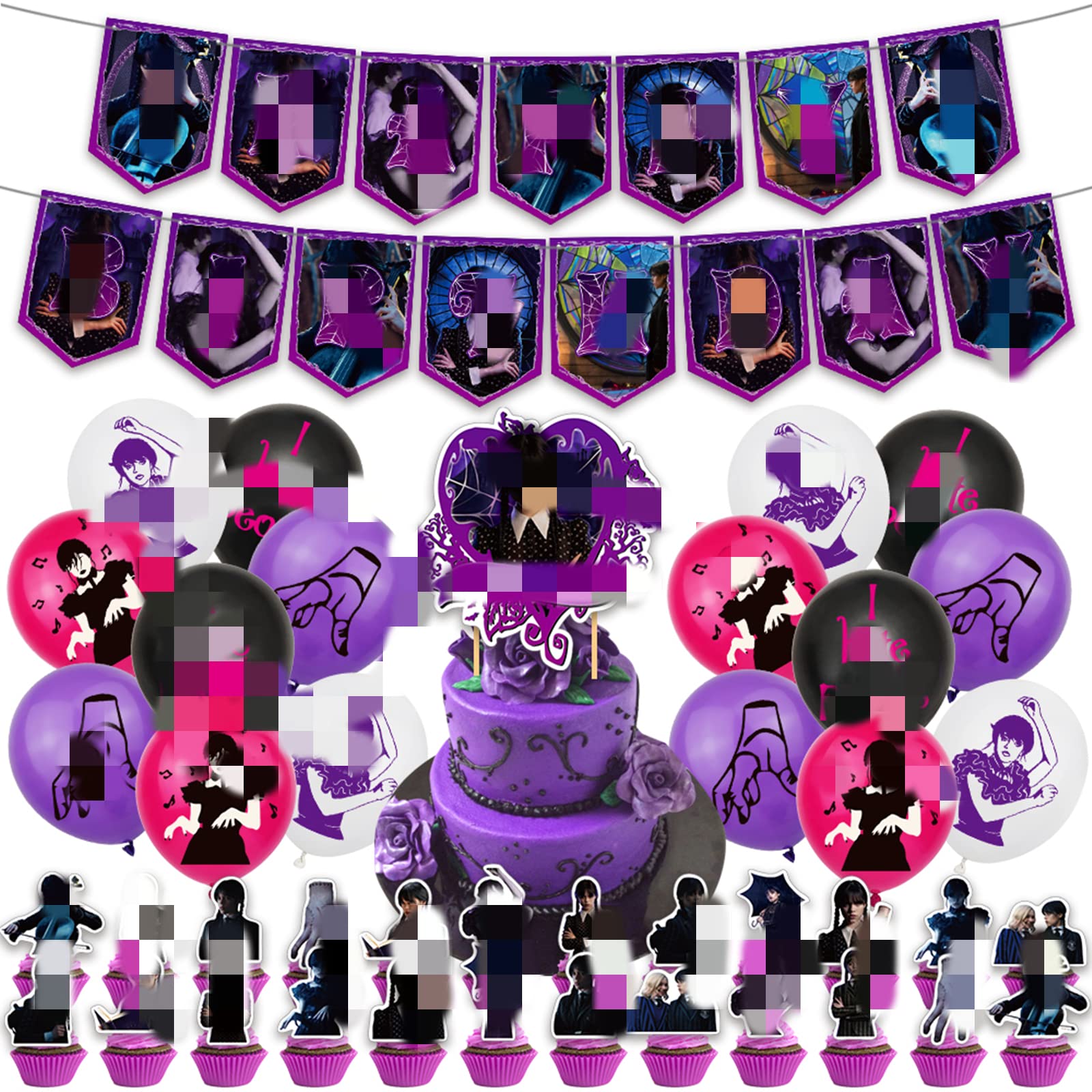 Photo 1 of Wednesday Addams Birthday Decorations, Wednesday Addams Party Decorations?Wednesday Addams Party Supplies Cake Topper include Banner (Cardboard, Latex, blue)