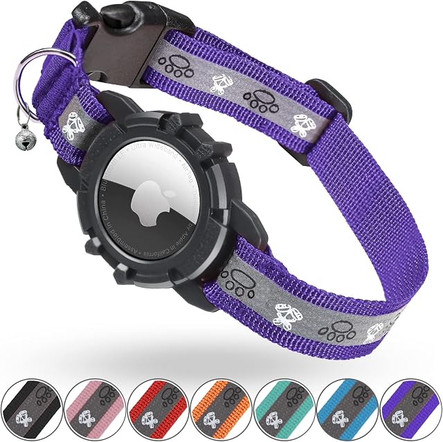 Reflective Airtag Cat Collar, JIARUI Integrated Apple Airtag Cat Collar, GPS Cat Tracker Collar with Airtag Holder and Bell, Lightweight Cat Tracker Collar for Kittens and Puppies [Purple] [XS]