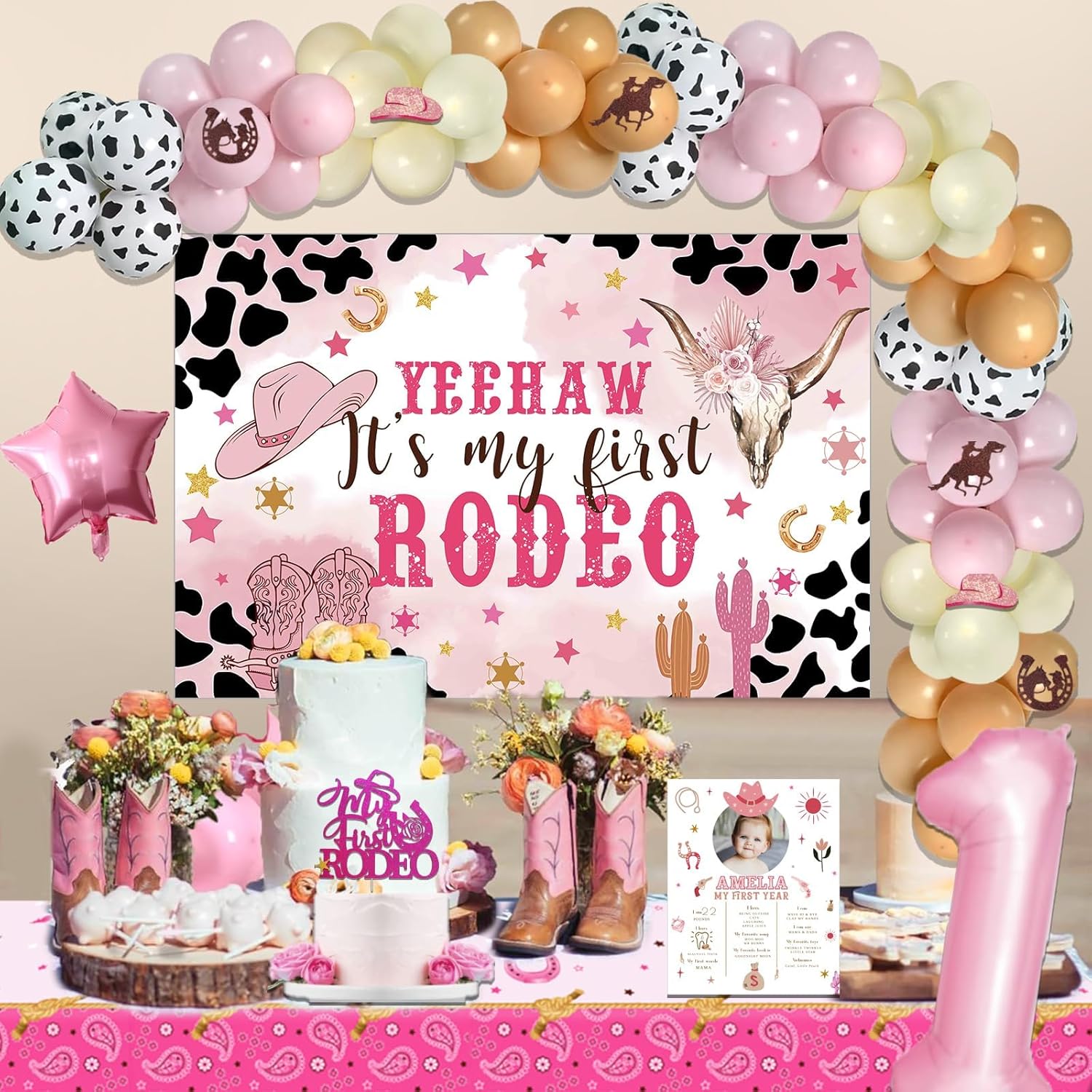 First Rodeo Birthday Party Decorations Girl, Pink Western Cowgirl 1st Birthday Decorations Backdrop Balloon Garland Banner Tablecloth Cake Topper Box Cutout Crown Poster 123 PCs - Image 7