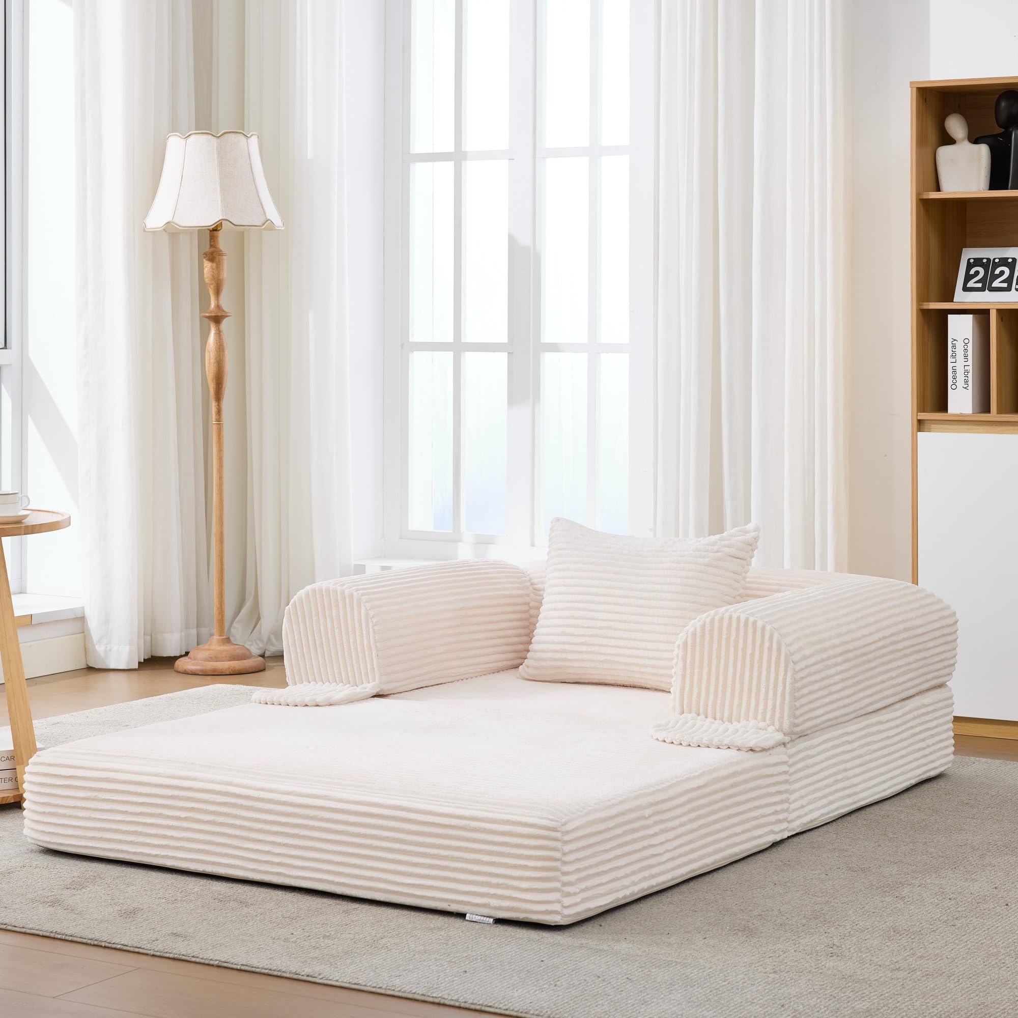 Canapé Convertible 1 Place en Velours Côtelé, Fauteuil Convertible en Lit D'appoint, Canapé Lit Modulable avec Coussin et Poches Latérales, Mousse Haute Densité, Petit Espace Beige-1