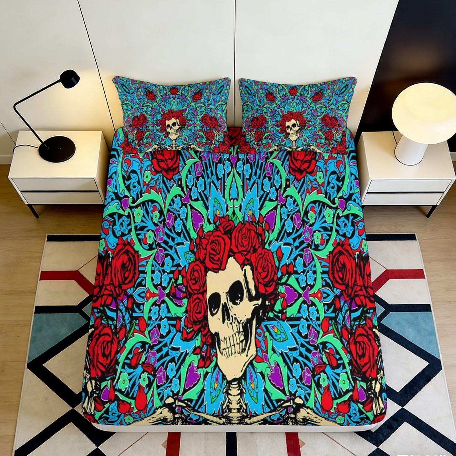 3D Printed Skull Rose Fitted Sheet Microfiber Vibrant Floral Bed Cover for Bedroom Dorm Mattress Protection Decor 120x200x25cm