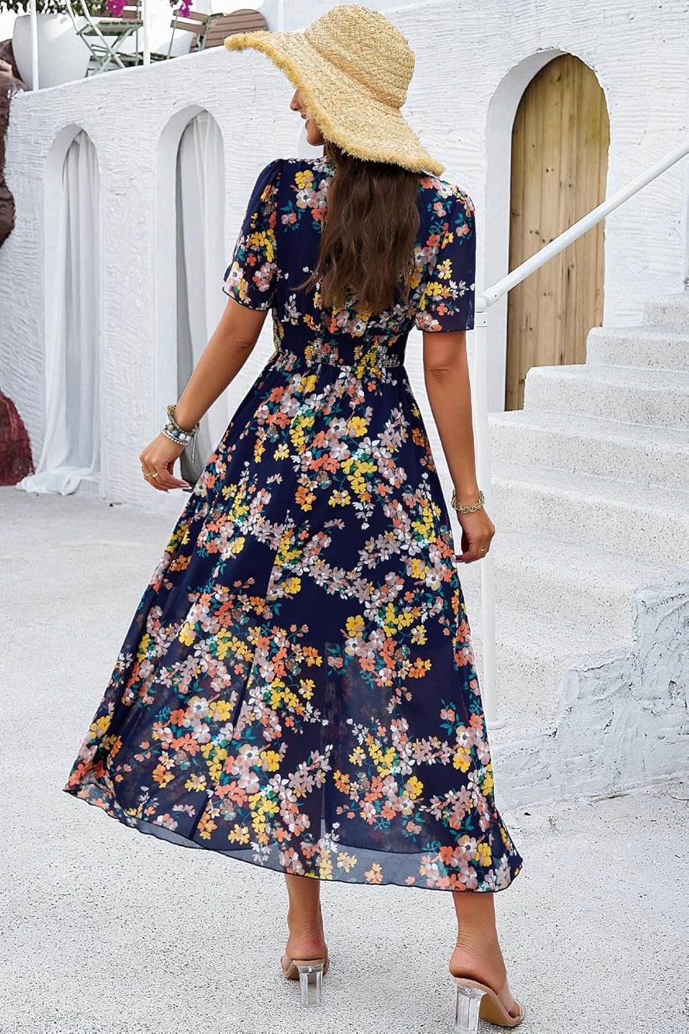 Women's Floral Maxi Dress Flowy V Neck Empire Waist Summer Wedding Guest Party Casual Chiffon Dress - Image 4