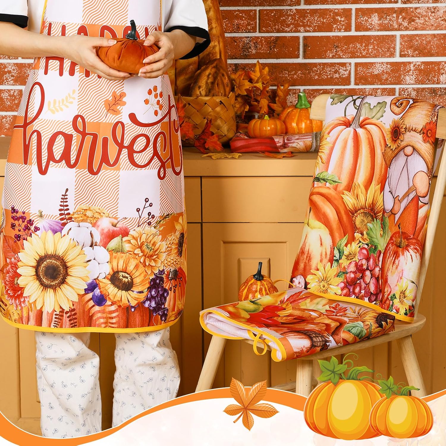 Newcotte 10 Pcs Fall Thanksgiving Kitchen Apron Gnomes Pumpkin Aprons Waterproof Cooking Apron with Strap for Women Men