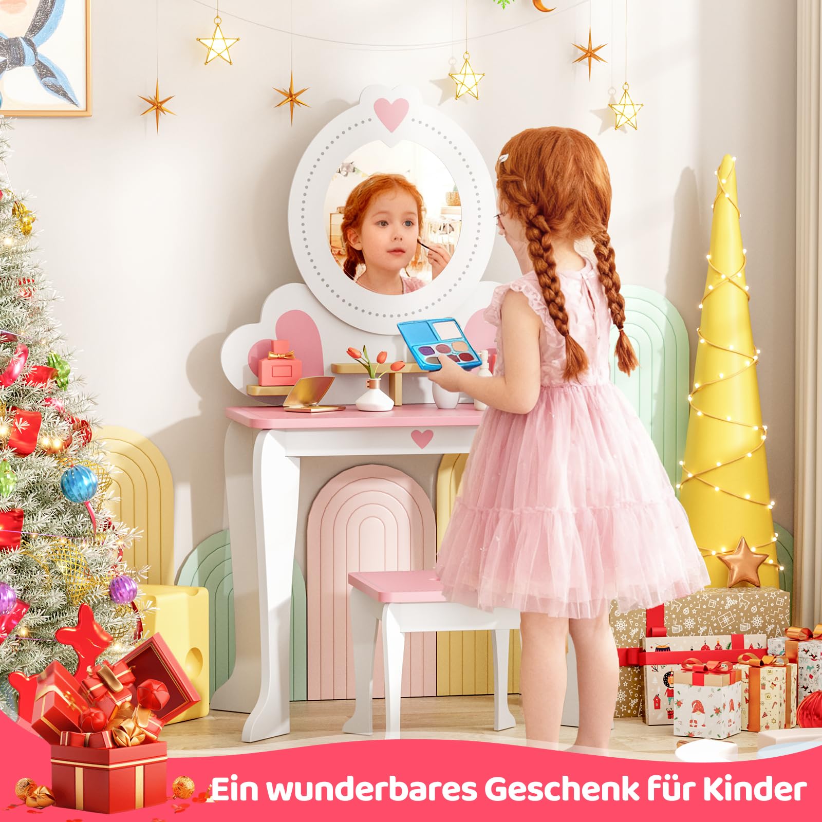 MAMIZO Schminktisch Kinder mit Abnehmbarem Spiegel, Kinderschminktisch Holz mit Hocker, 2 in 1 Prinzessin Frisiertisch, Kinderschreibtisch, Schminktisch Mädchen ab 3 Jahre, 50x33x91cm, Weiß
