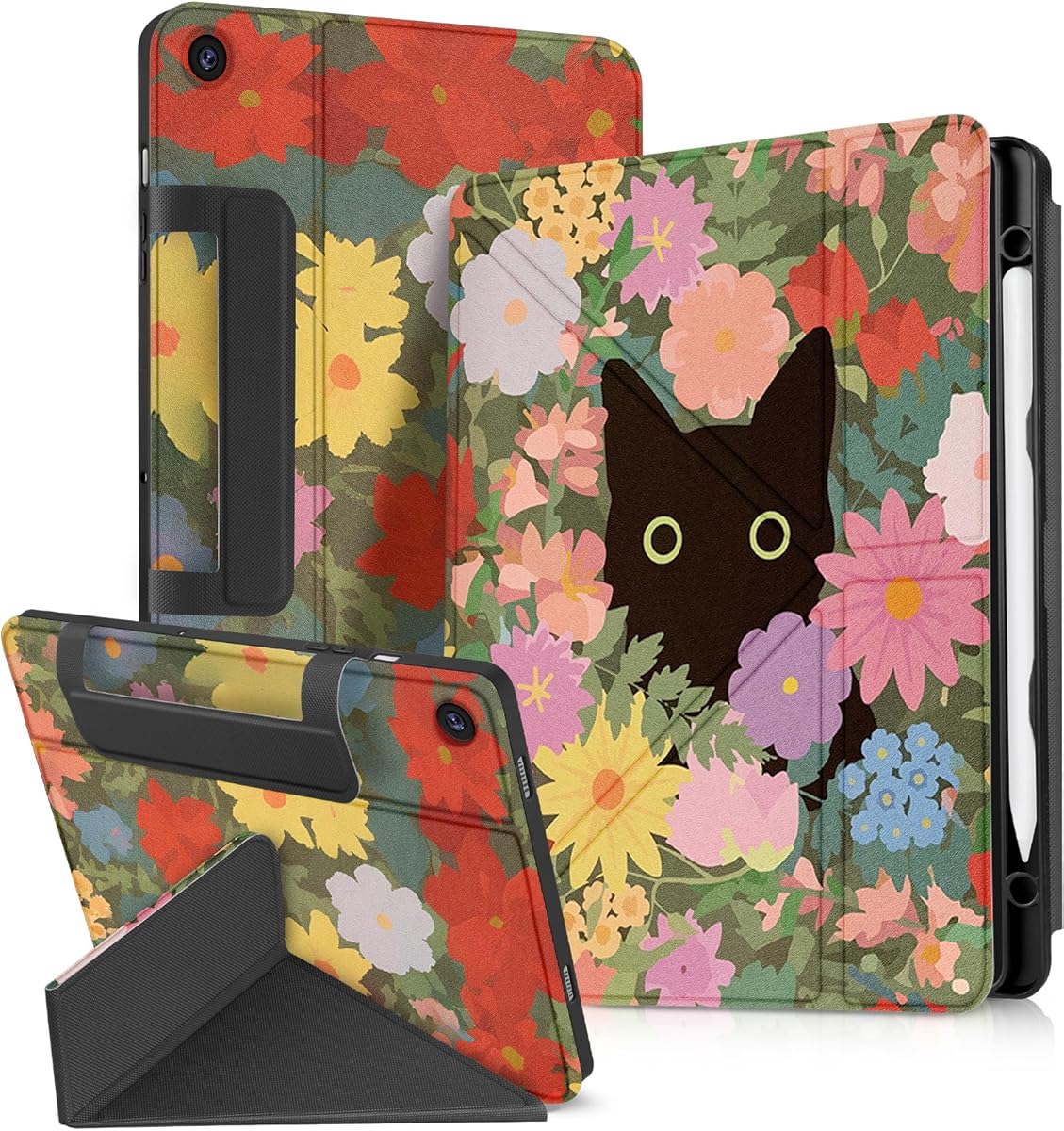 for Samsung Galaxy Tab A9 Plus Case with Pen Holder - for Girls Women Boys Cute Cartoon Cool Anime Kawaii Fun Protector Stand Folio, Cat Flower