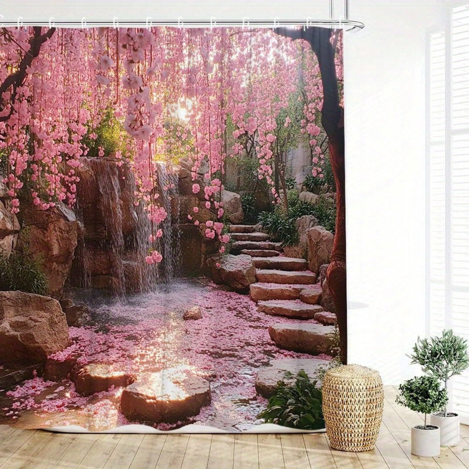 GLKSDLPO Japanese Landscape Sunset Shower Curtain Featuring Tranquil Waterfalls, Pink Cherry Blossoms Wet Room(150x200cm/59x79in(WxH)
