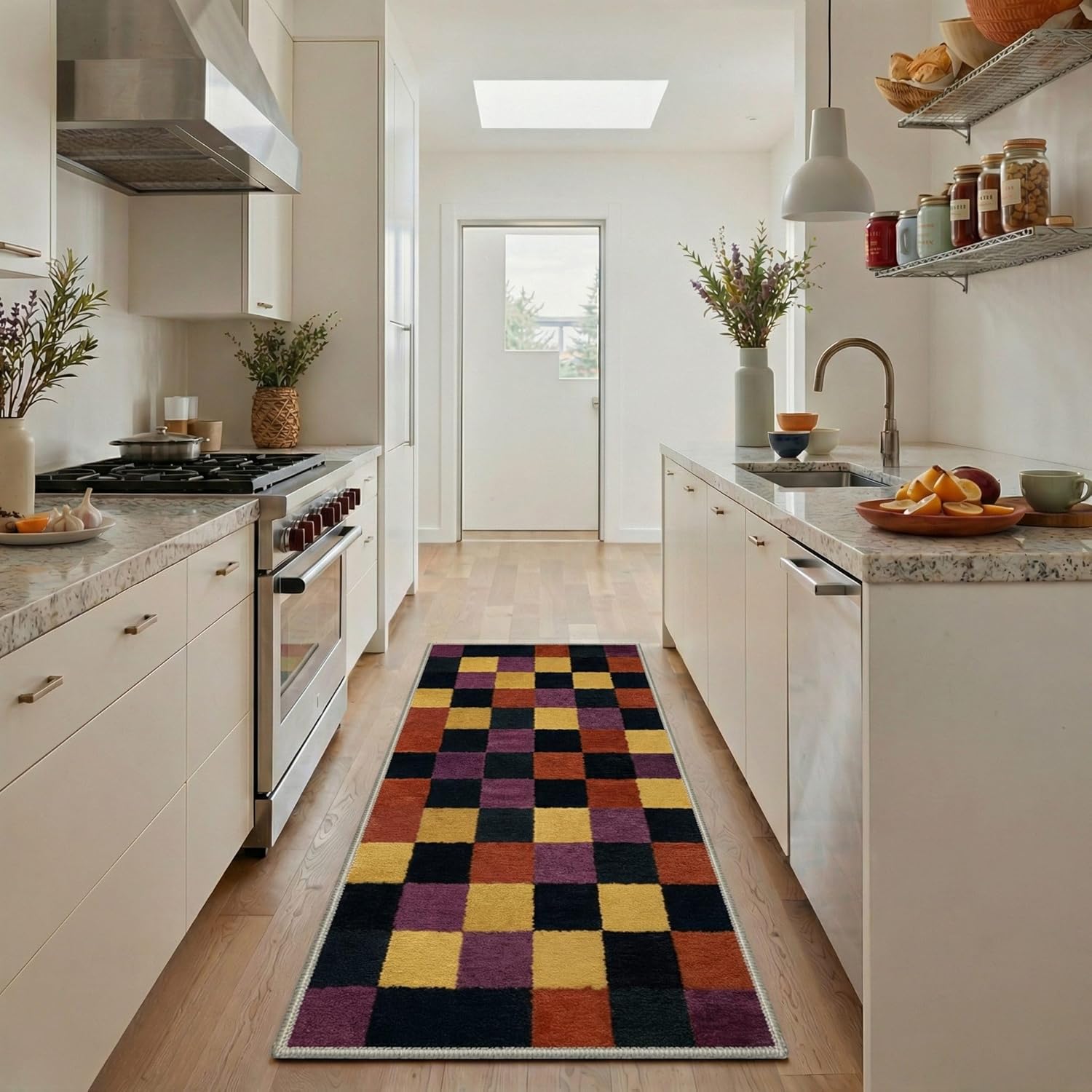 Bavni 2x3 Rug Checkerboard Print Pattern Low Pile Non Slip Backing Machine Washable Indoor Outdoor, Entryway Rug for Kitchen Farmhouse Decor, Minimalist Style, Autumn Rust