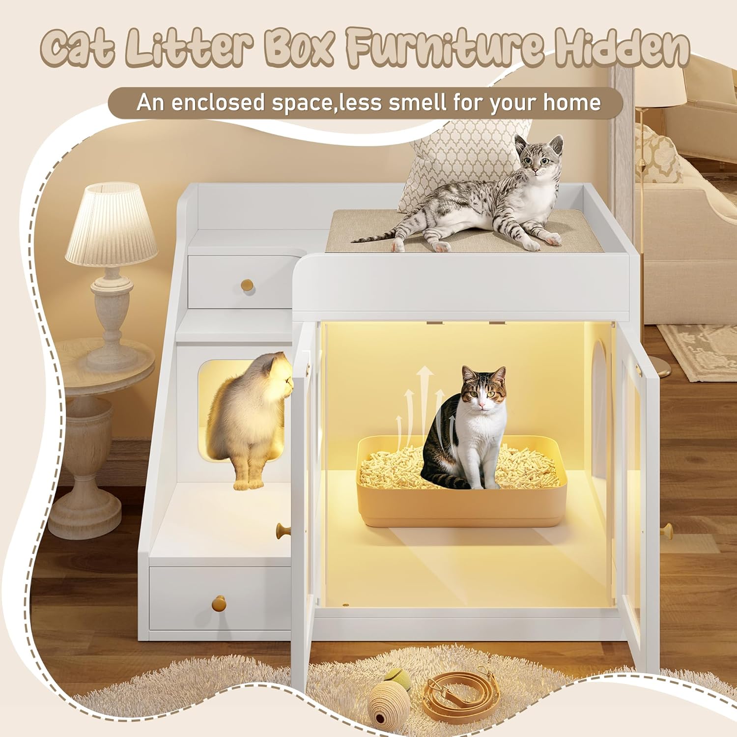 Cat Litter Box Enclosure with Light, Hidden Litter Furniture with Dual Storage Drawers, Indoor Feline House Side Table for Living Room Bedroom, Modern White Cabinet