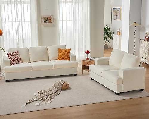 Sofá, moderno juego de sala de estar con asientos extra profundos, cómodo sofá - sofá para sala de estar, apartamento, sala de estar, bouclé blanco