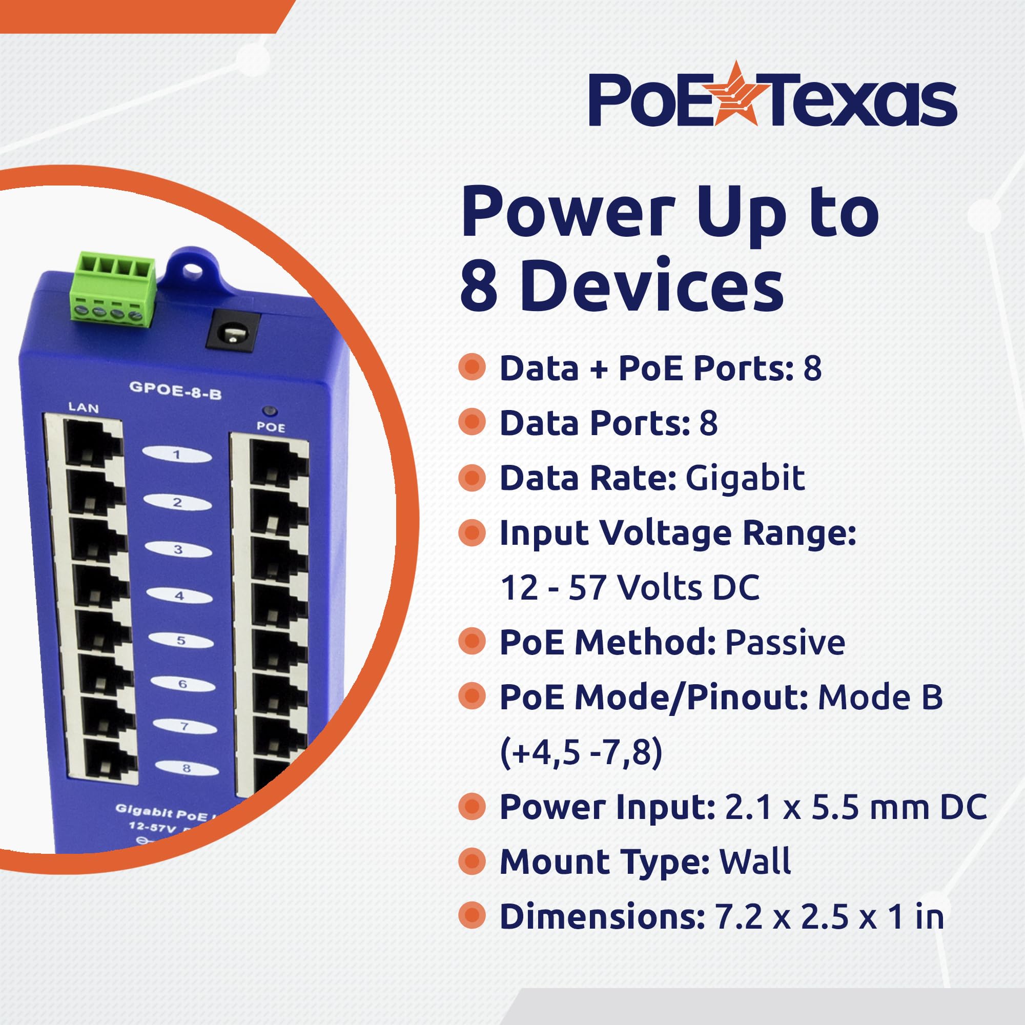 Wt-gpoe-8b Gigabit Injecteur PoE, 8 ports Gigabit PoE Injecteur pour 24 V Mikrotik et Ubiquiti appareils – Bloc d'alimentation non inclus