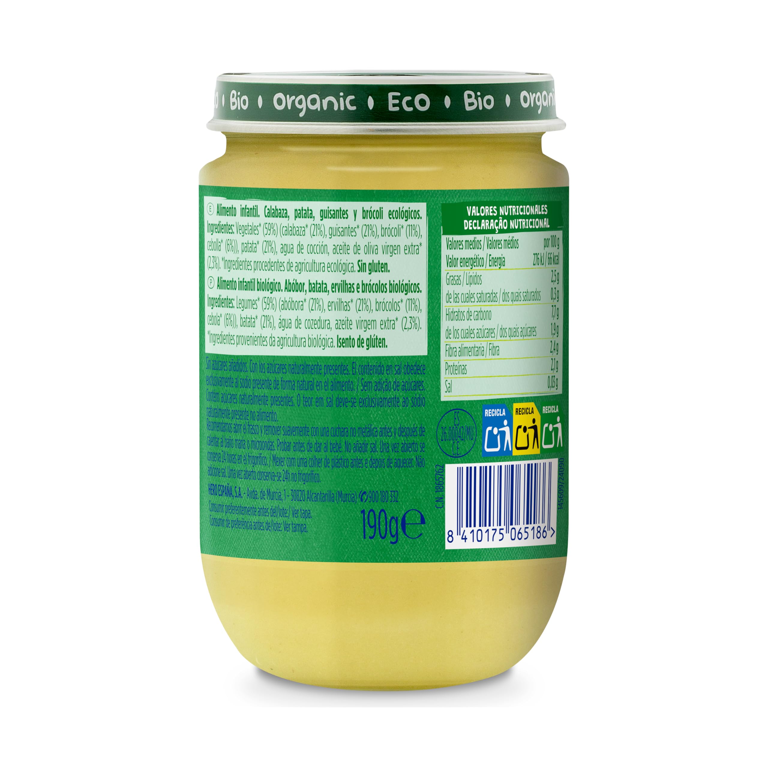 Hero Solo Bio Tarritos de Calabaza, Patatas, Guisantes y Brocoli 100% Ecológico 12 x 190 g