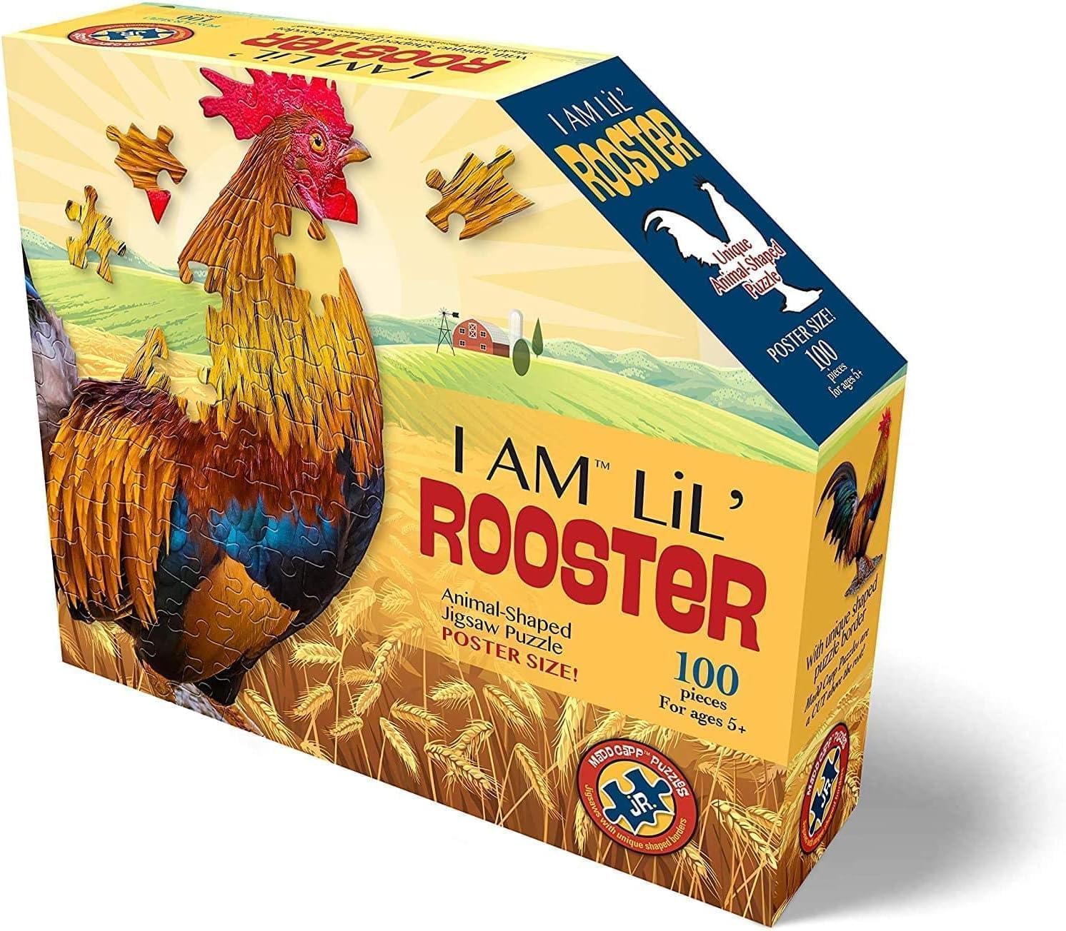 Madd Capp LiL' ROOSTER 100 Piece Jigsaw Puzzle For Ages 5+ - 4012 - Unique Animal-Shaped Border, Poster Size when completed, Oversized Puzzle Pieces For Easy Handling, Includes Educational Fun Facts