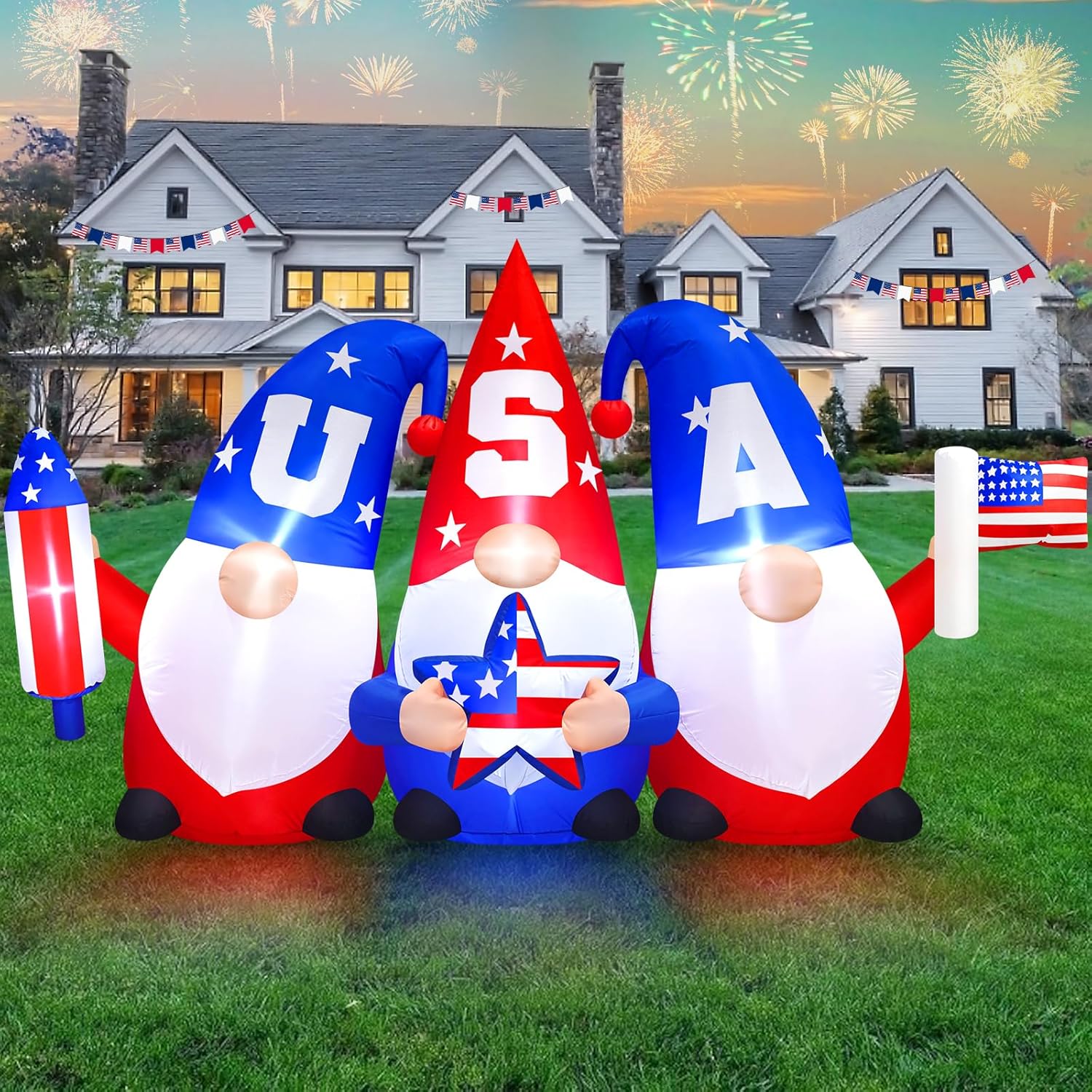MICOCAH 4FT Tall 4th of July Inflatables Fireworks Outdoor Decorations, Patriotic Independence Day Blow Up Yard Decor with LED Light for Garden, Lawn, Indoor, Patio, Holiday, Party