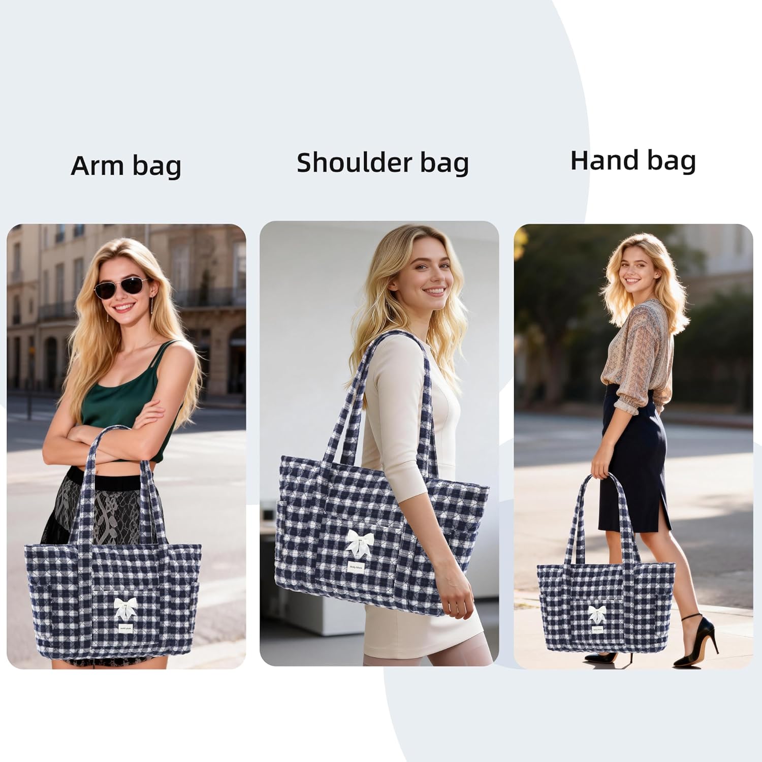 Molly Moon Quilted Tote Bag for Women, Quilted Floral Gingham Tote Bags with Zipper, Cute Bow Shoulder bag for Work, Travel