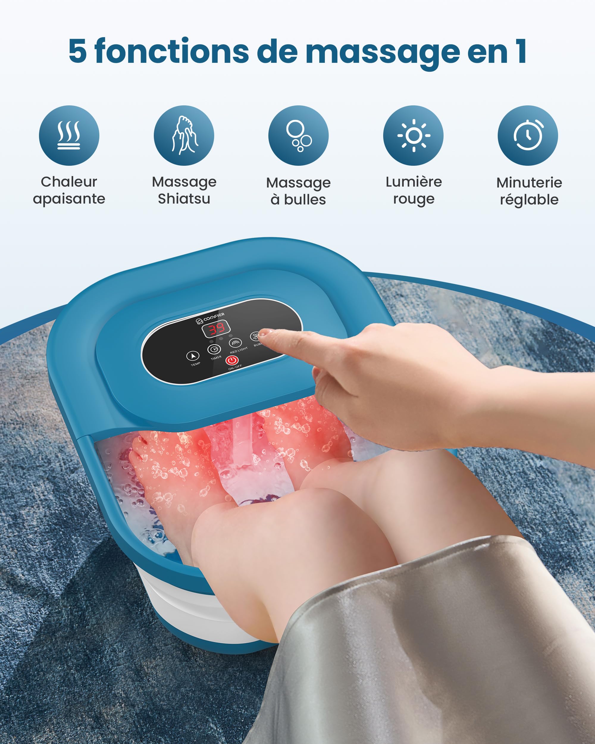 COMFIER Fußsprudelbad mit Massage und Heizfunktion | Faltbares Fußmassagegerät |Vibration & Sprudelfunktion |Timer|Pediküre Bimsstein|35℃-48℃|Fußbad mit 8 Shiatsu-Rollen (Schwarz)