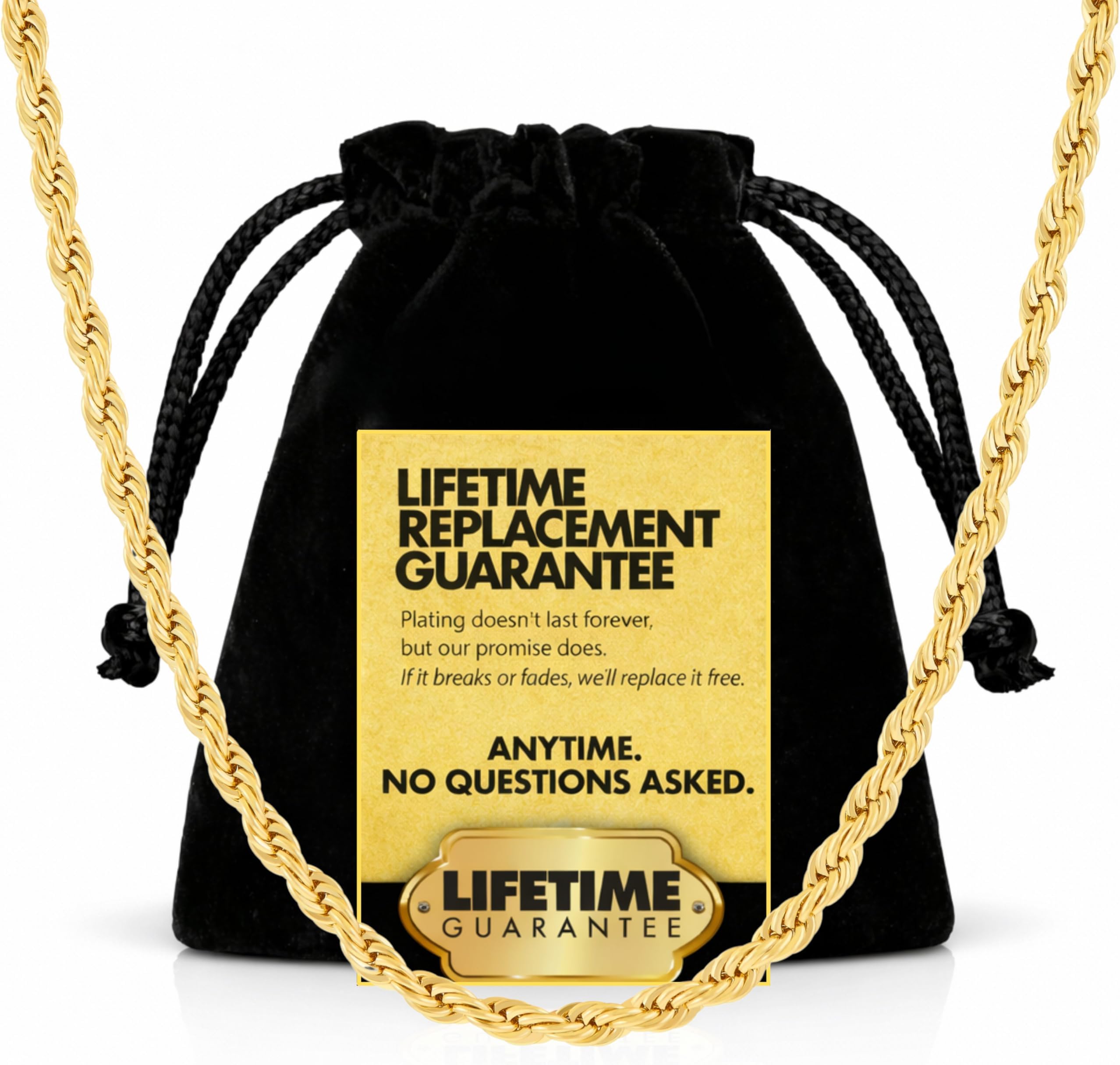 Gold Rope Chain for Men & Women - 24k Gold Necklace - Lifetime Replacement - Diamond Cut Real Gold Plated Chain - Heavy Duty Clasp - 3mm